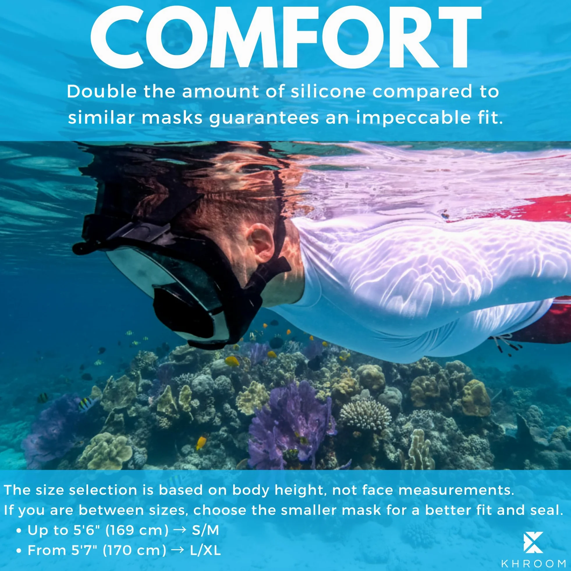 Khroom Máscara de esnórquel con compensación de presión para adultos Seaview Pro Plus | Seguro de CO2 – conocida por la Cueva de los Leones – Máscara de cara completa con nariz de silicona