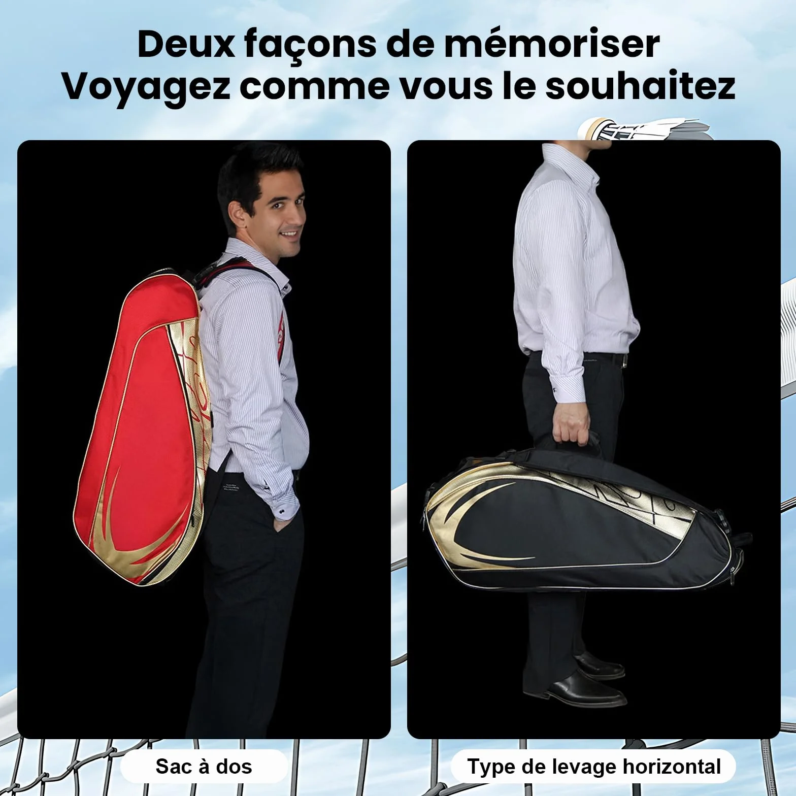 Bolsa de raqueta de bádminton con organizador de 3 a 6 raquetas de nieve, impermeable, bolsa de transporte de tenis portátil con almacenamiento de calzado, ropa, bolsa de hombro de gran