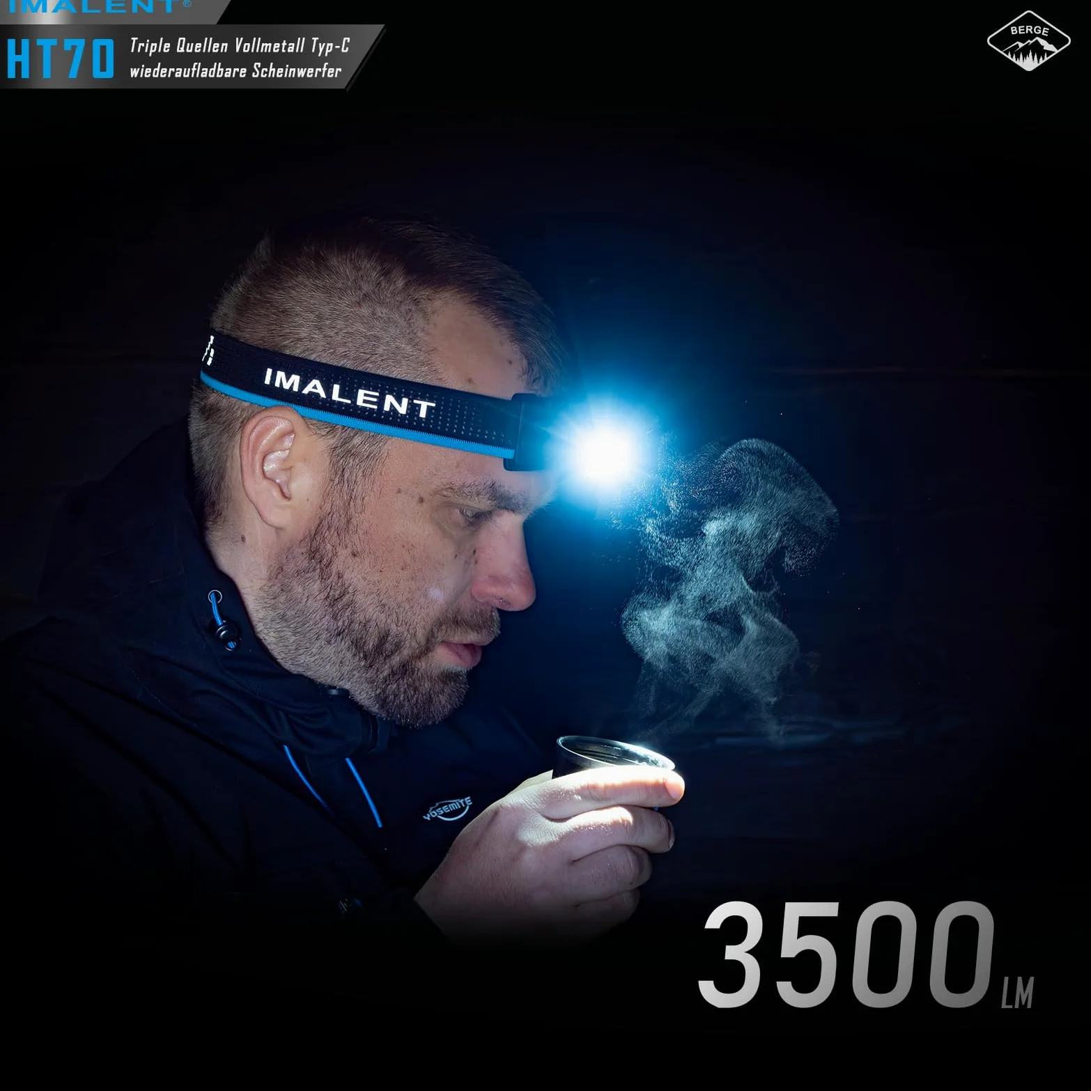 IMALENT HT70 - Lámpara LED de 3500 lúmenes, 349 metros de rango de luz, lámpara de cabeza USB-C, recargable, 3 fuentes de luz roja, ajustable 180 grados, para correr, pescar, acampar, emergencias