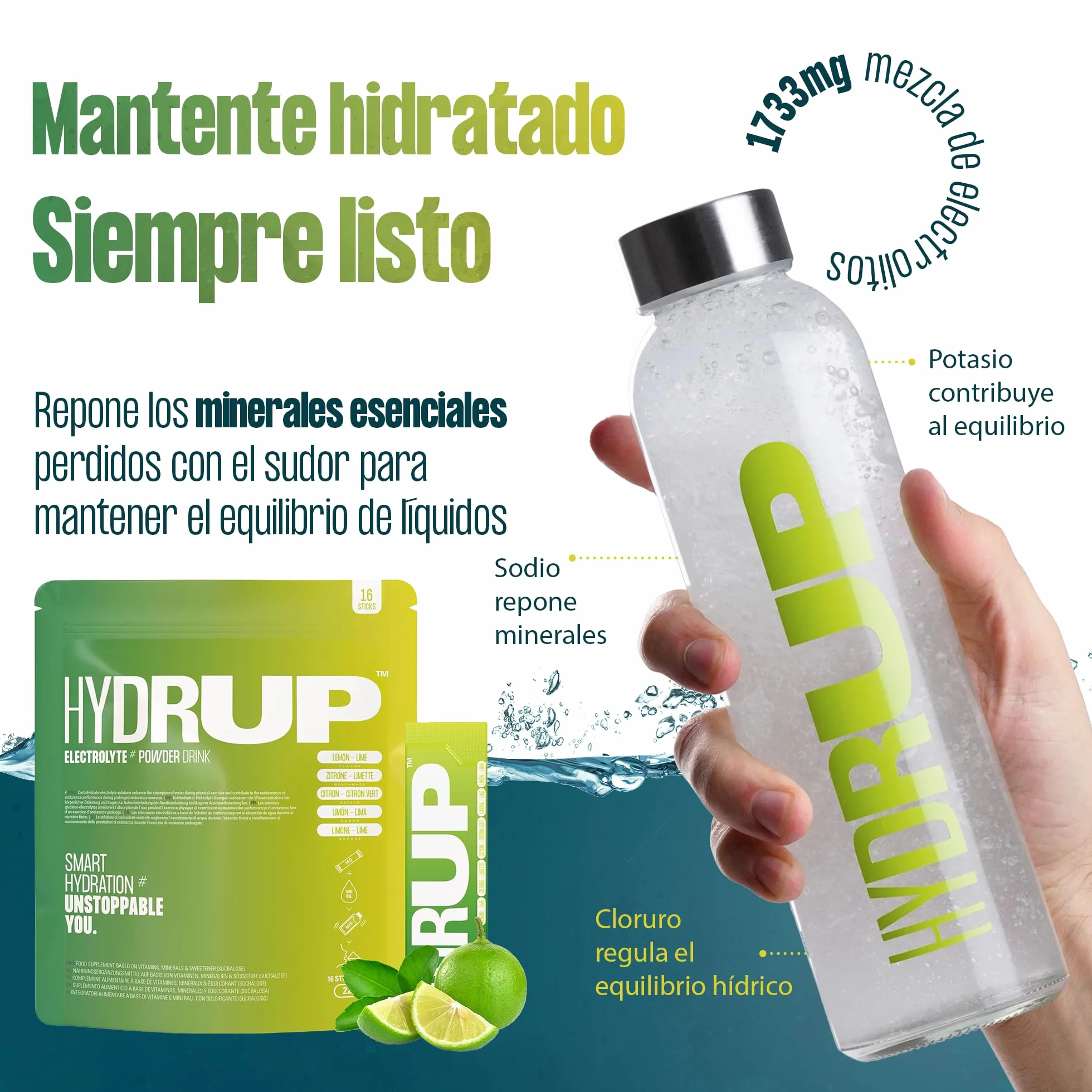 Electrolitos en Polvo 1733 mg - Hidratación Rápida y Energía al Instante, Sales Minerales con Vitaminas B y C, Sabor Lima Limón, 16 Sobres Sin Gluten