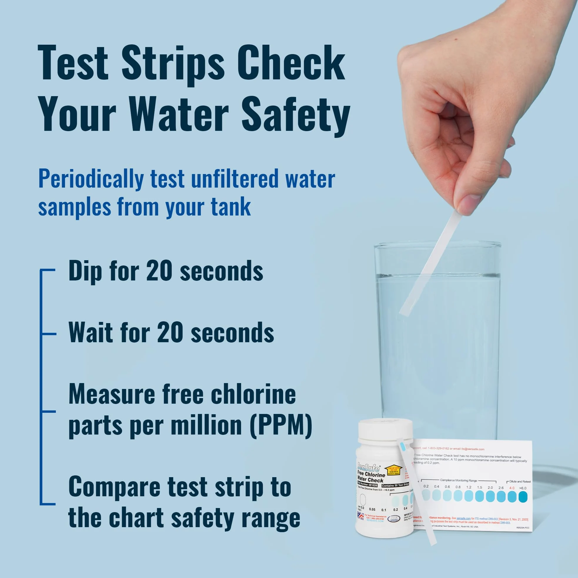 Aquamarine Water Solutions - Kit esencial de agua potable - 100 tabletas de purificación de agua Aquatabs + 50 tiras de prueba de cloro - para tanques de barco y RV