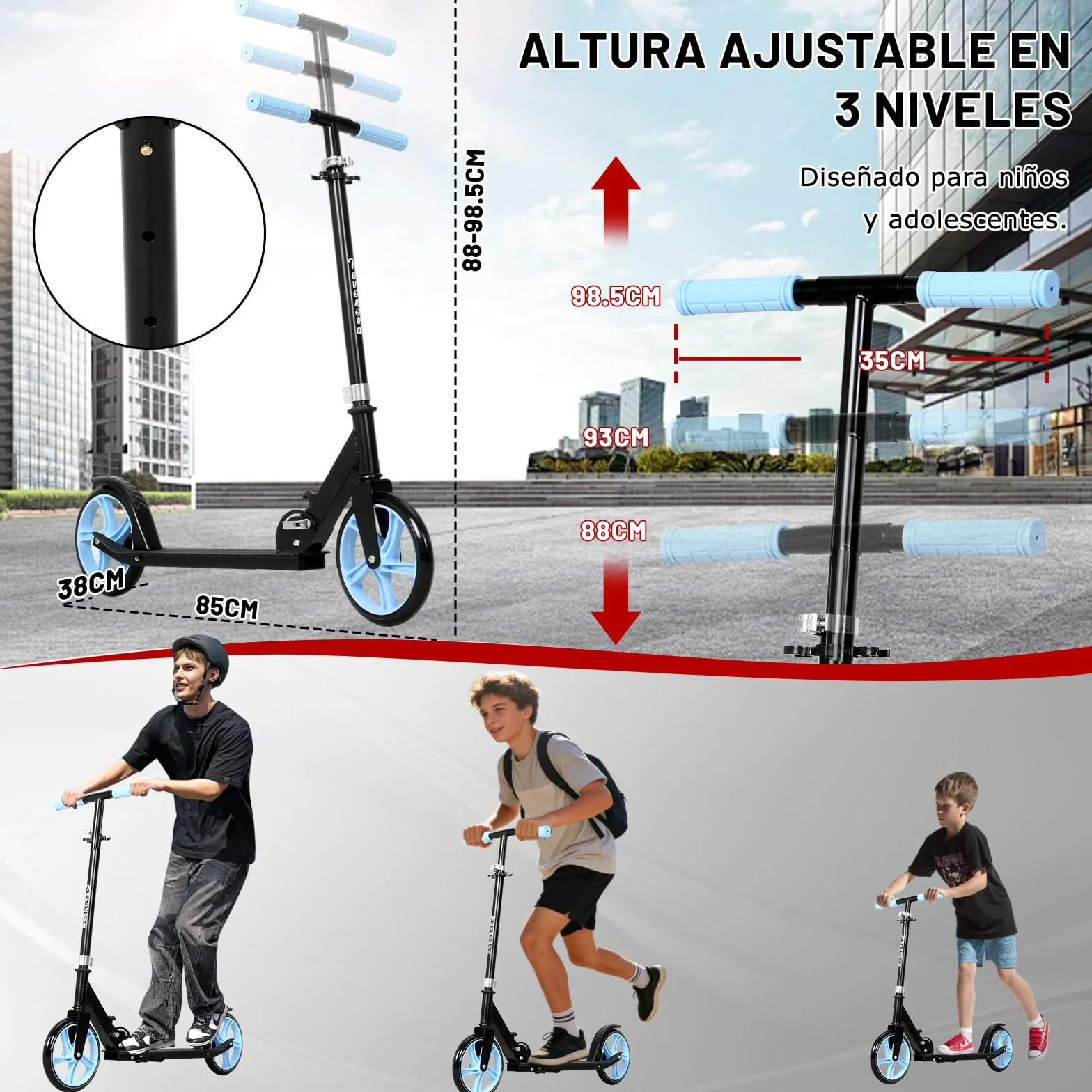 Patinete Scooter Plegable, Patinetes para niños y niñas, 9-14 años con Manillar Ajustable 88-98.5cm, Patinete con 2 Ruedas Grandes 200mm y Freno Posterior, Máx. 100kg