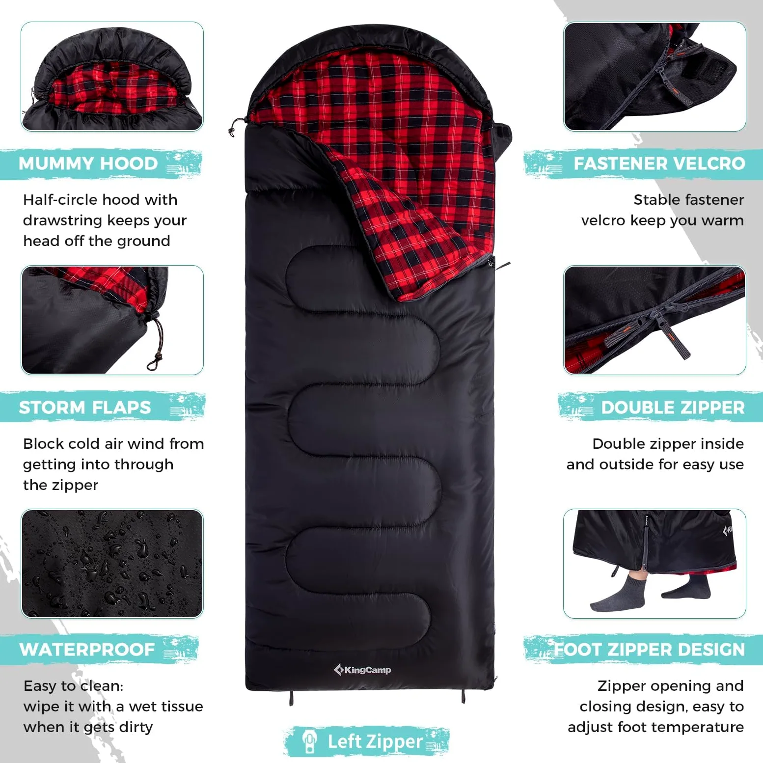 KingCamp for Adults, Winter | Flannel Lined Cold Weather 4 Season Sleeping Bag Sacos de Dormir Grandes y Altos, Ligeros, Resistentes al Agua para Camping, mochileros, Senderismo, Color Negro Derecho