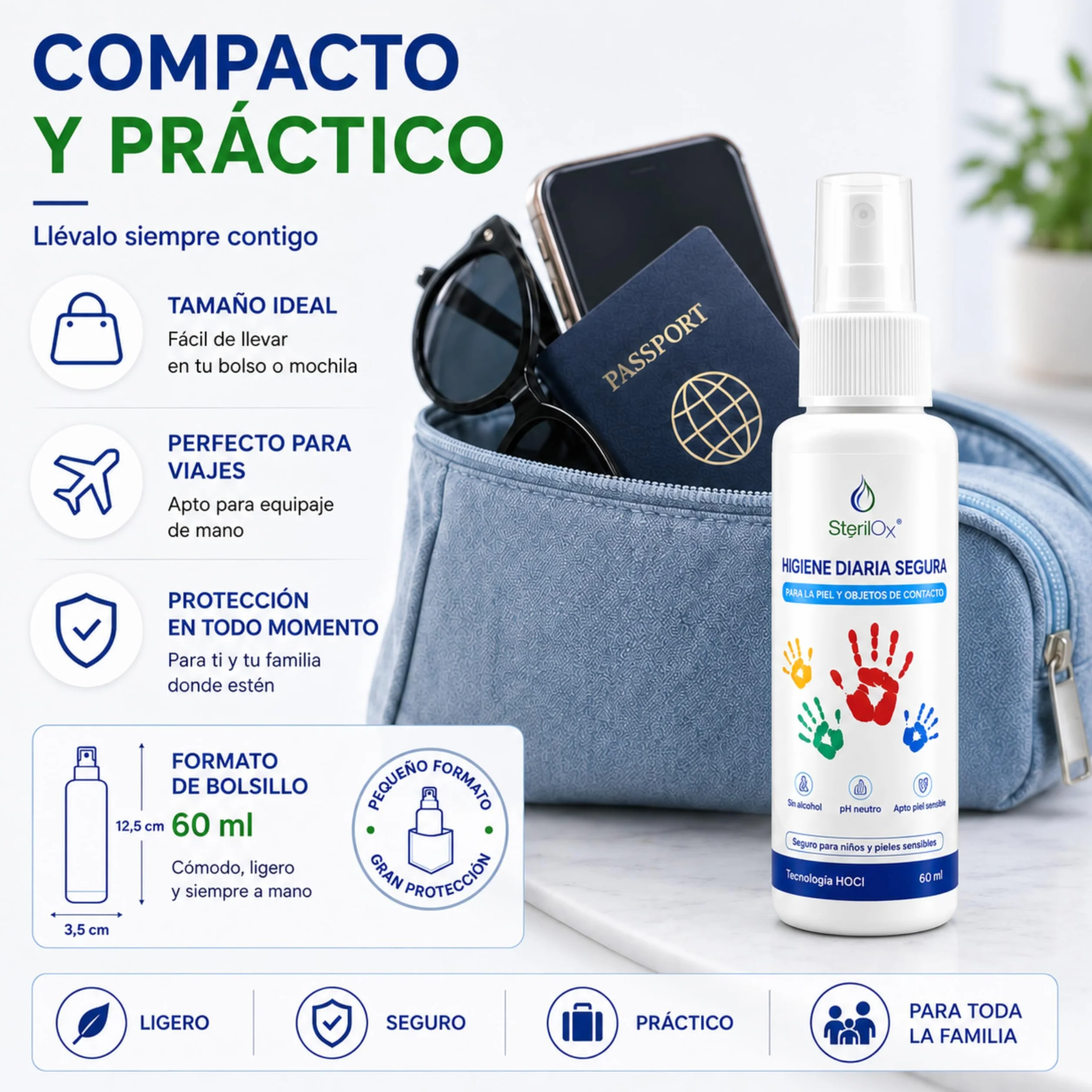 Spray Cosmético Antiseptico 60 ml con Ácido Hipocloroso, Sin Alcohol, Sin Perfume, Seguro para Niños y Mascotas