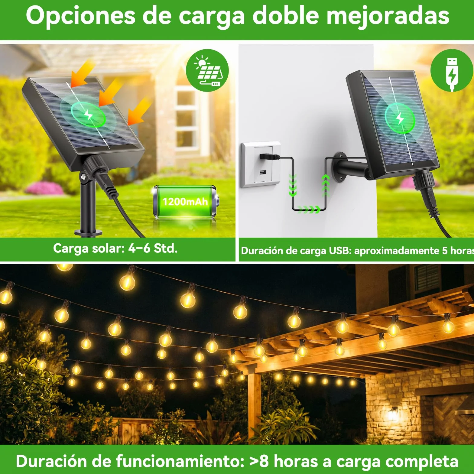 Solares Guirnalda Luces Exterior Jardin 15M LED Regulable Control Remoto G40