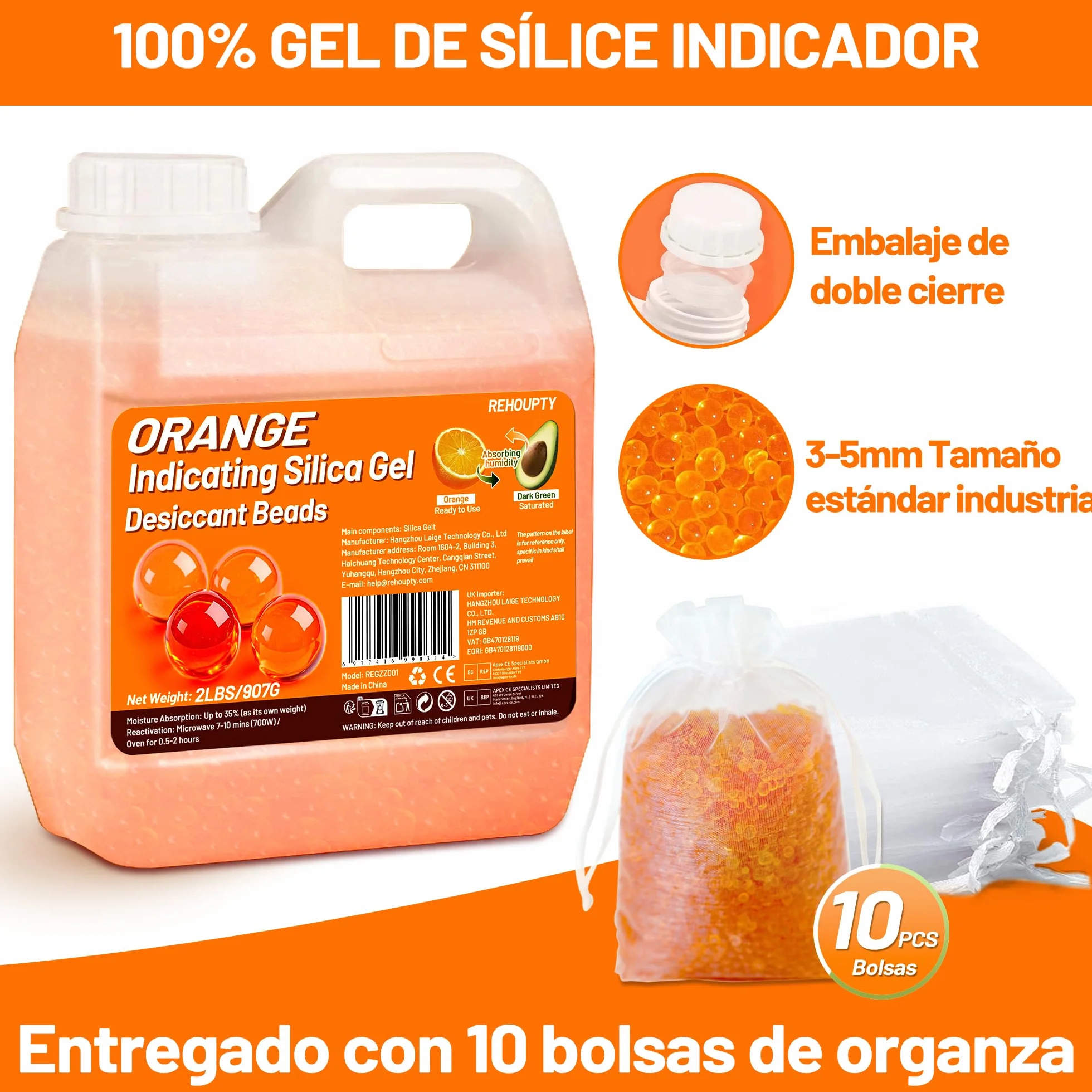 Naranja Gel de Sílice 907g, Perlas Desecantes 3-5mm Reutilizables para Filamento 3D