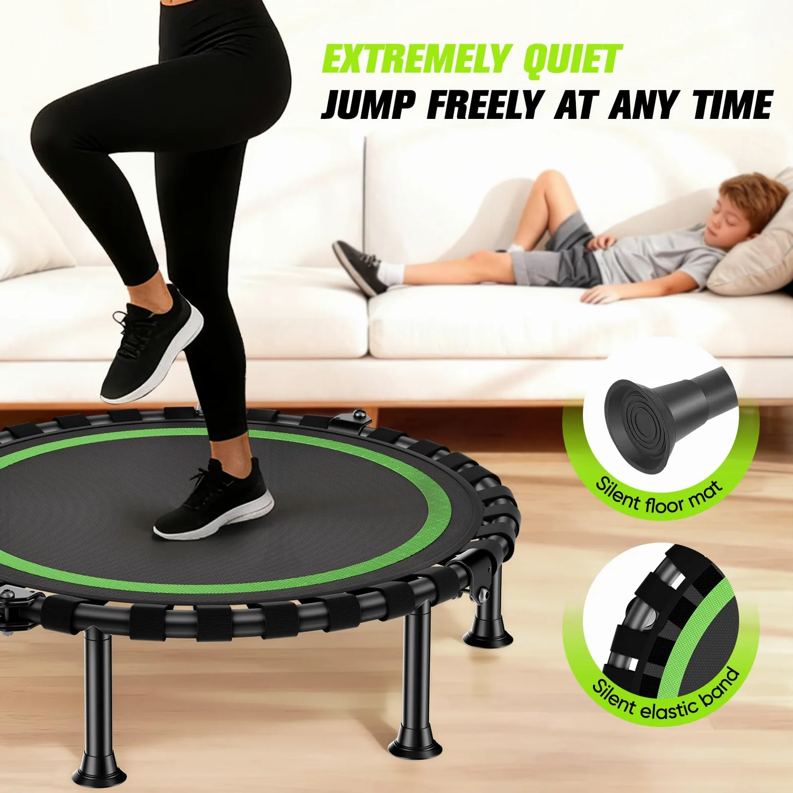 Trampolín de 101 cm de diámetro, plegable para fitness, capacidad de carga de 150 kg, altura de pasamanos ajustable, entrenamiento de resistencia, diferentes grupos de personas