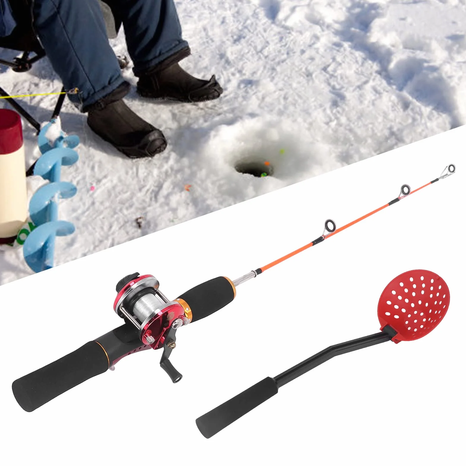 Keenso Caña de Pescar en Hielo de Invierno, Carrete de Pesca con Hilo de Pescar, Anzuelo de Pesca en Hielo, Juego de Engranajes Combinados para Pesca Al Aire