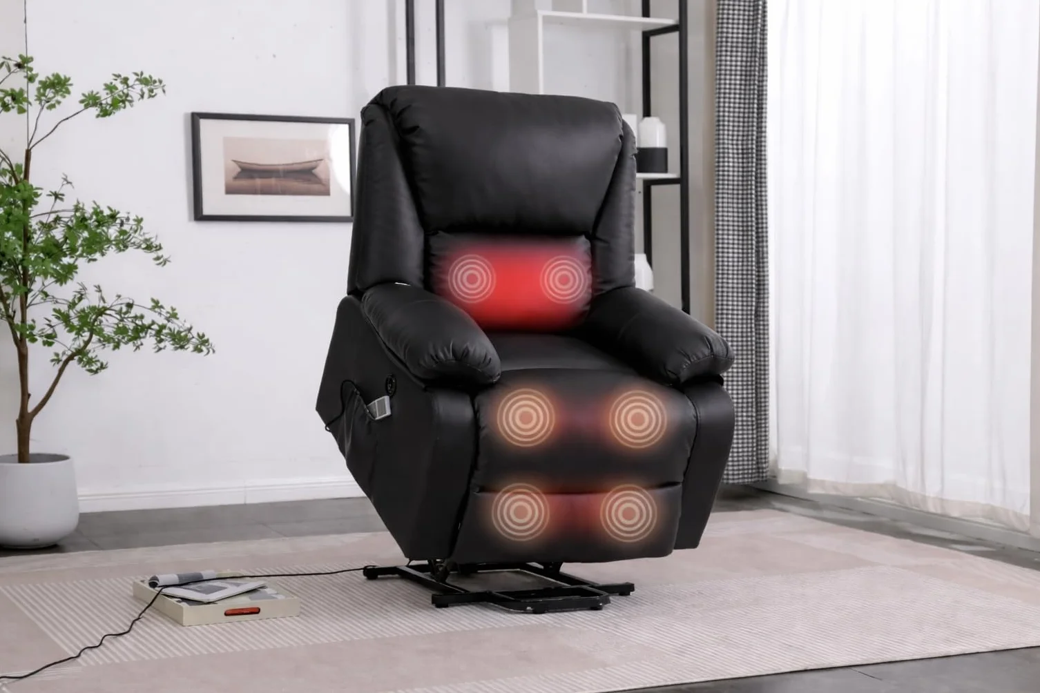Sillón Relax Eléctrico Reclinable Miami 8 Modos de Masaje Calor Lumbar Elevapersonas Mando a Distancia 2 Puertos USB Polipiel Negro