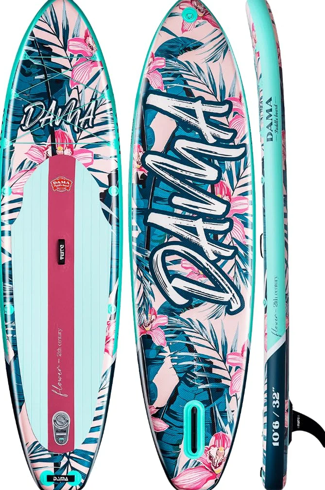 DAMA Light Flower Tabla de Paddle Surf Hinchable, Sup Paddle Board Inflable 320 x 81 x 15 cm, Antideslizante, hasta 145 kg, Remo Doble, Bomba, Mochila, Correa de Seguridad y Bolsa Estanca 5 L
