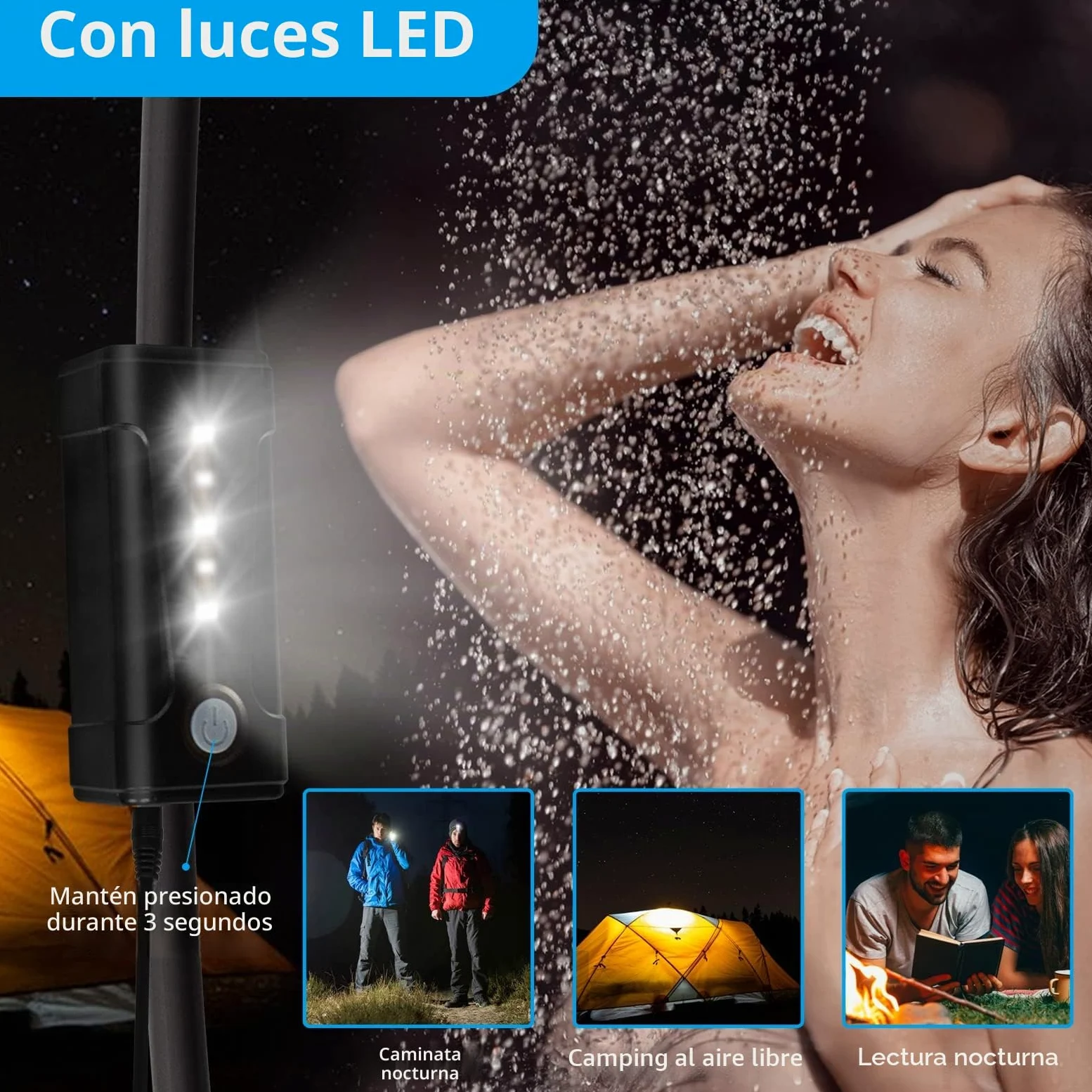 Ducha de camping portátil,luz LED,carga USB,bolsa de transporte portátil,bomba de ducha eléctrica,Con cabeza de ducha y aspersor,adecuada para senderismo/camping,playa,mascotas,al aire libre