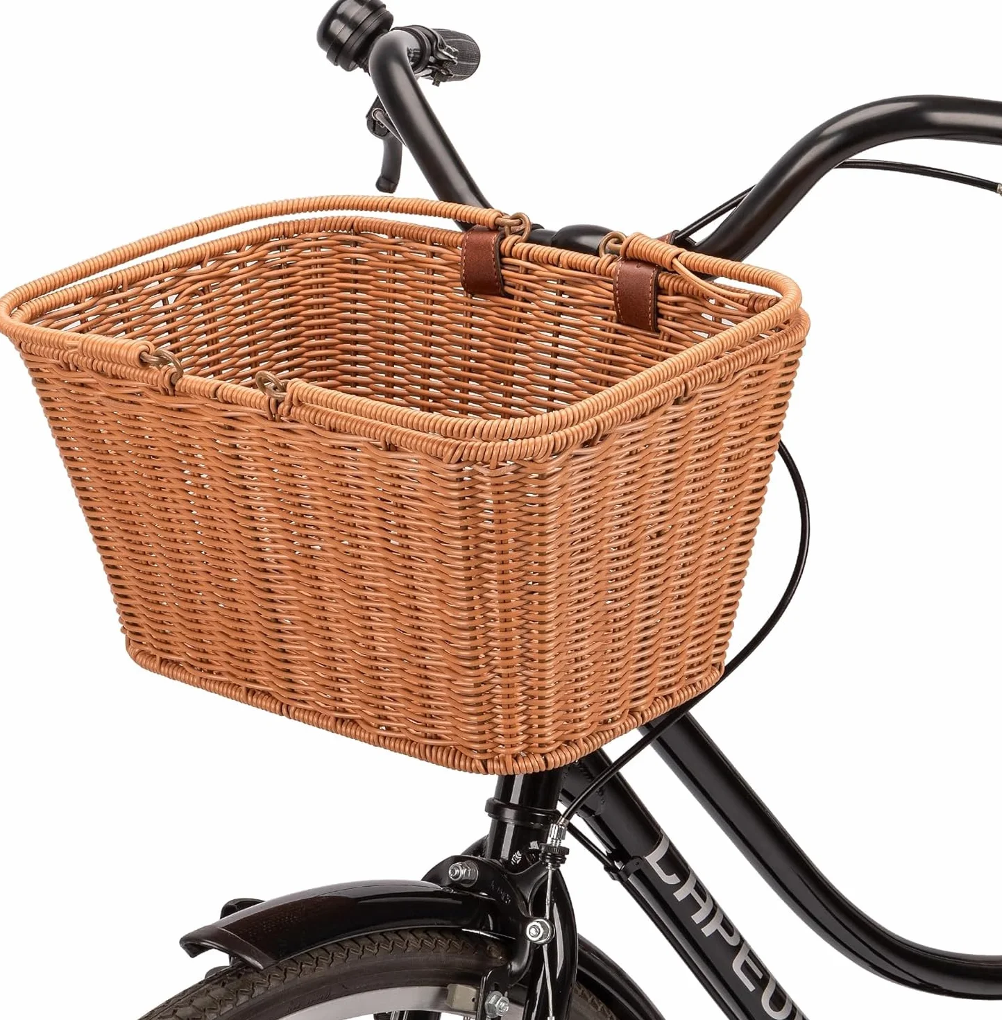 CXWXC Cesta de Bicicleta – Resistente Cesta Delantera – Cesta de Mimbre Tejida a Mano con Correas Ajustables de Cuero Vegano