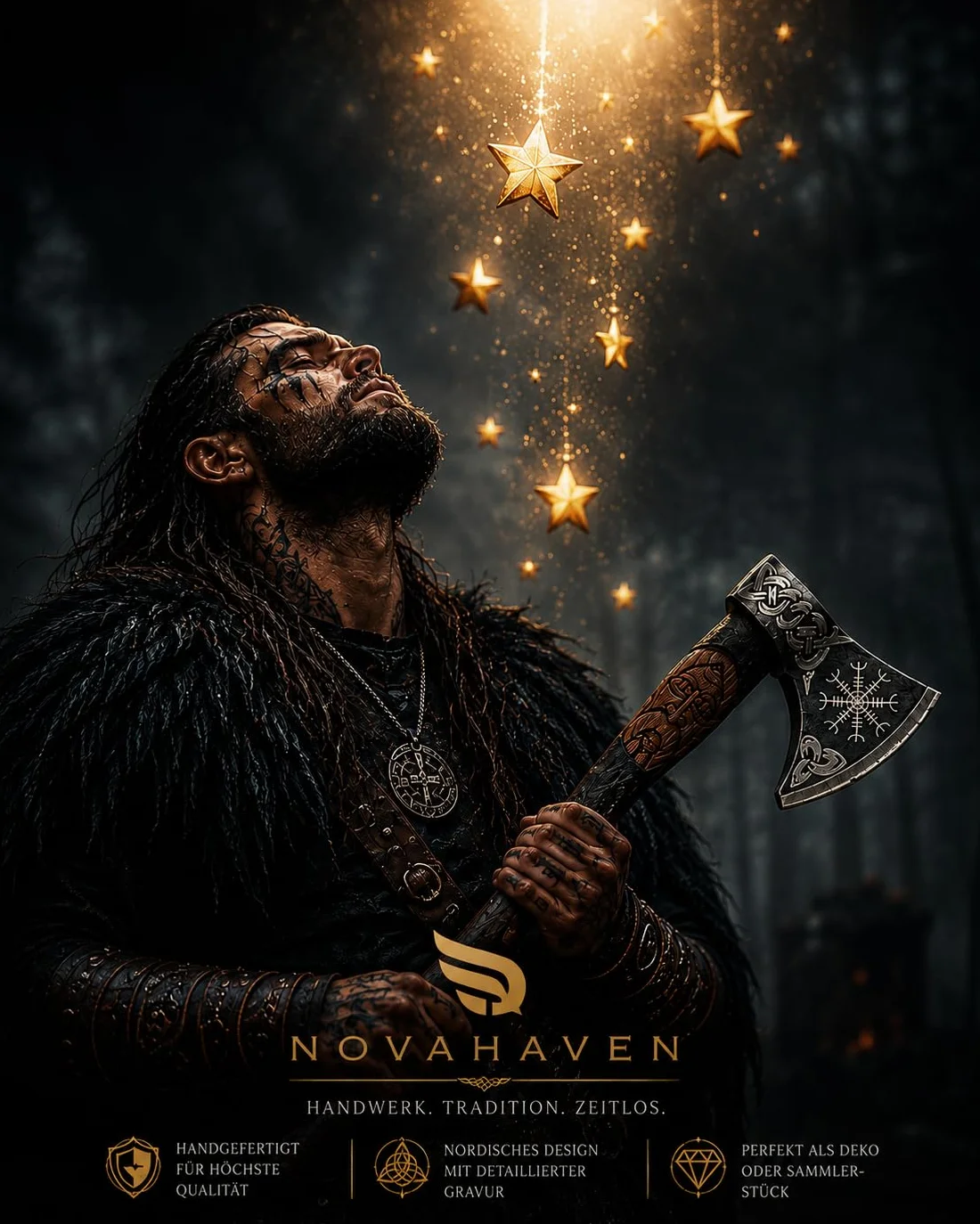 Novahaven Ragnarök Hacha forjada a mano 22 pulgadas acero al carbono mango madera de fresno tallada diseño lobo dragón funda de piel