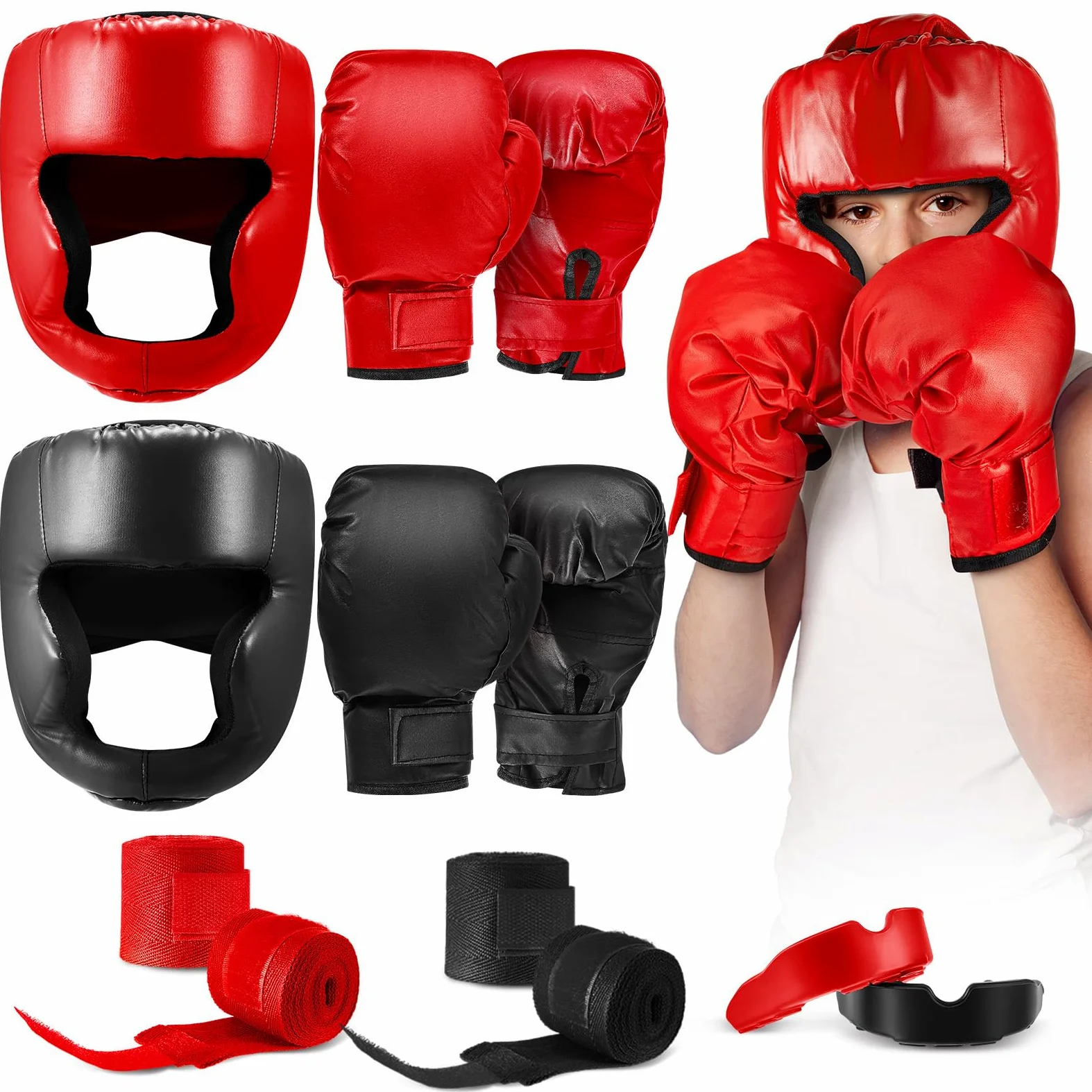 Kanayu Juego de 12 piezas de equipo de boxeo para principiantes de 6 a 18 años, incluyendo casco de boxeo y guantes, vendas de mano, protectores bucales deportivos, equipo de entrenamiento de