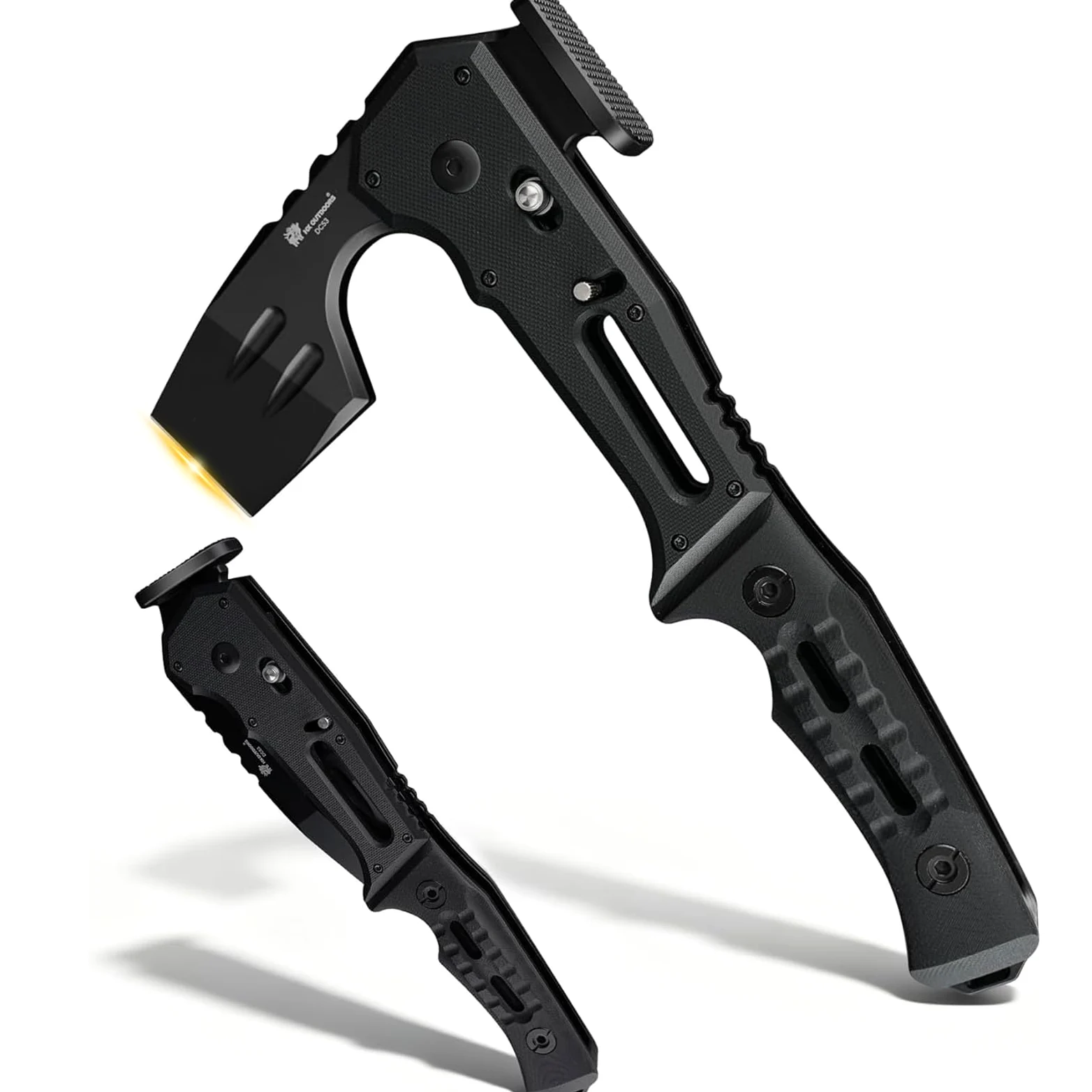 HX OUTDOORS Hacha Táctica Plegable Multiherramienta de Supervivencia, Hoja de Acero DC53 con Titanio Negro, Hacha de Camping con Martillo y Abrebotellas, Hacha Plegable con Mango G10