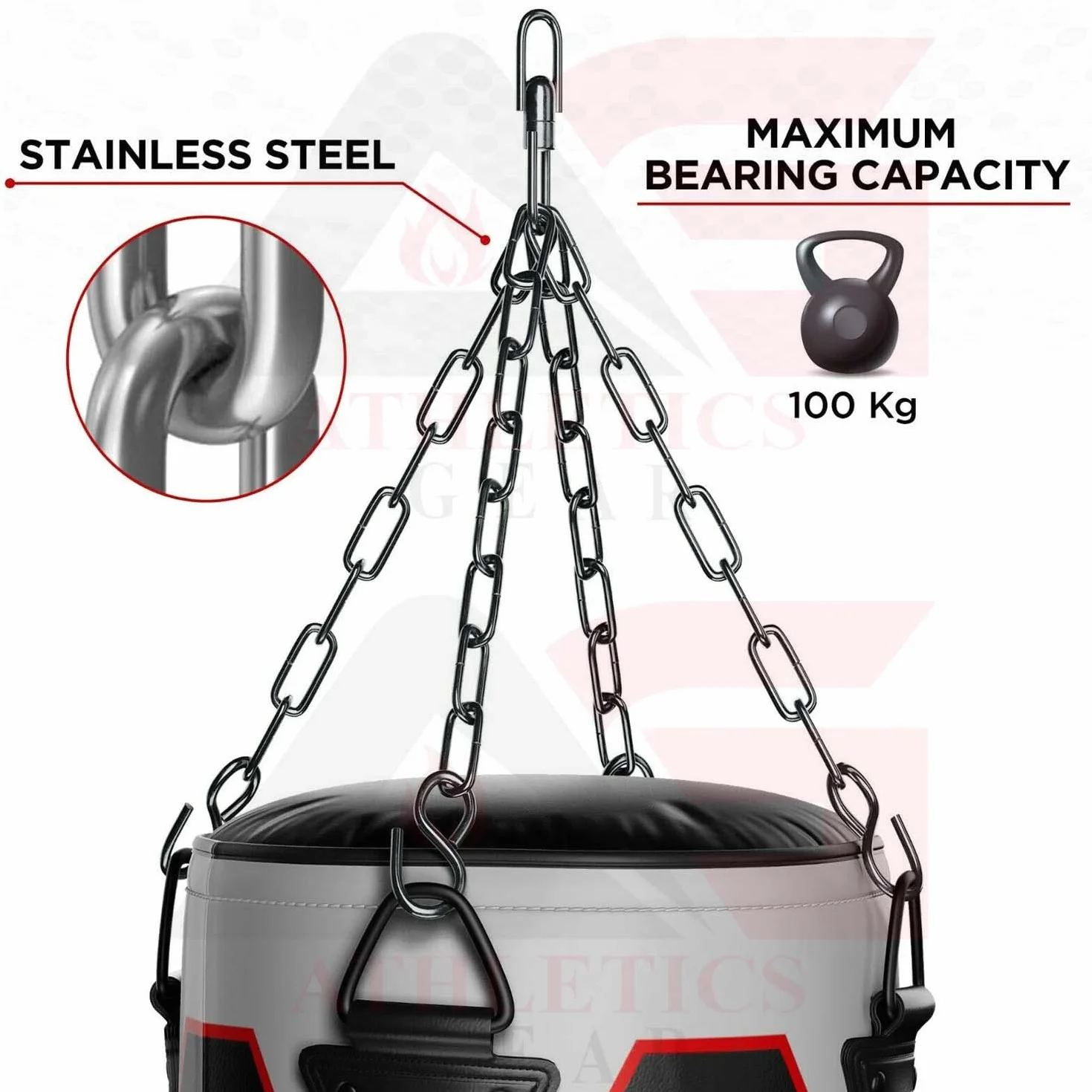 Athletics Gear Cadena de 4 Brazos con Giro para Saco de Boxeo – Cadenas de Acero Reforzado con Gancho Giratorio 360°, Soporte para Boxeo, MMA y Kickboxing, Carga Máx. 100 kg