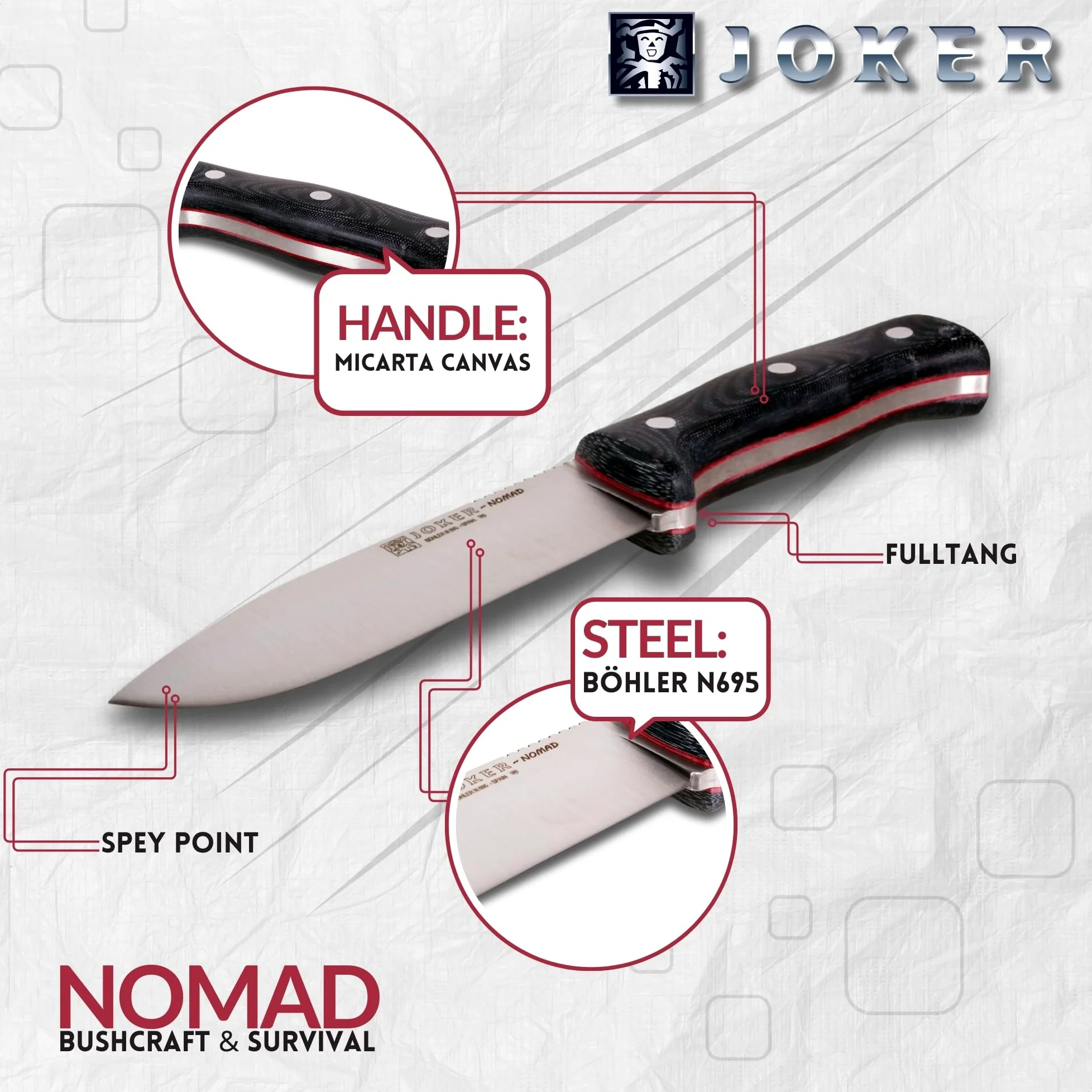 Joker Cuchillo Bushcraft Nomad CM125-P, hoja de 12,7 cm, mango micarta canvas, funda piel de color negro con pedernal, Herramienta de pesca, caza, camping y senderismo