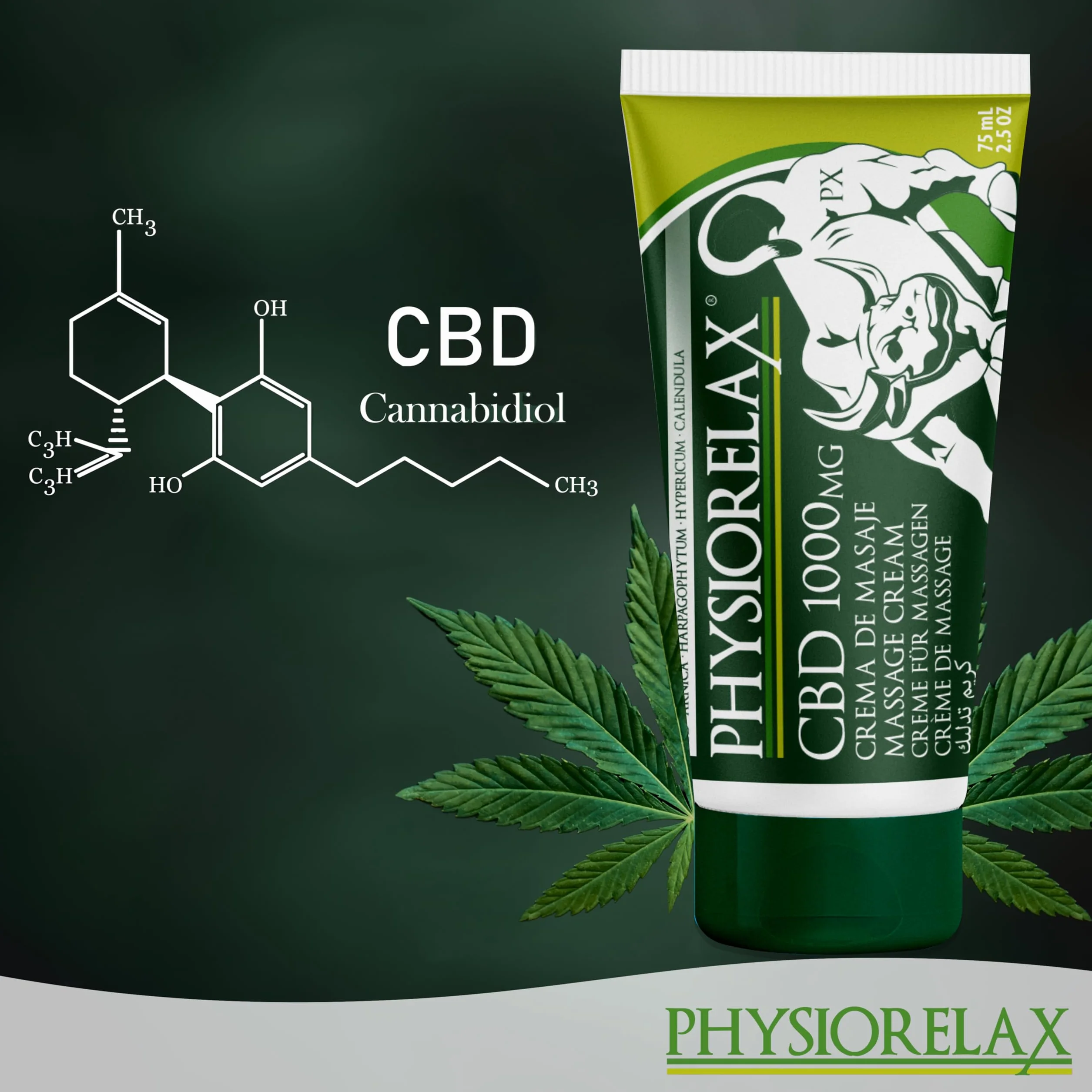 Physiorelax CBD Crema de Masaje 1000mg Cannabidiol Aceites Esenciales Aceite de Cáñamo Natural