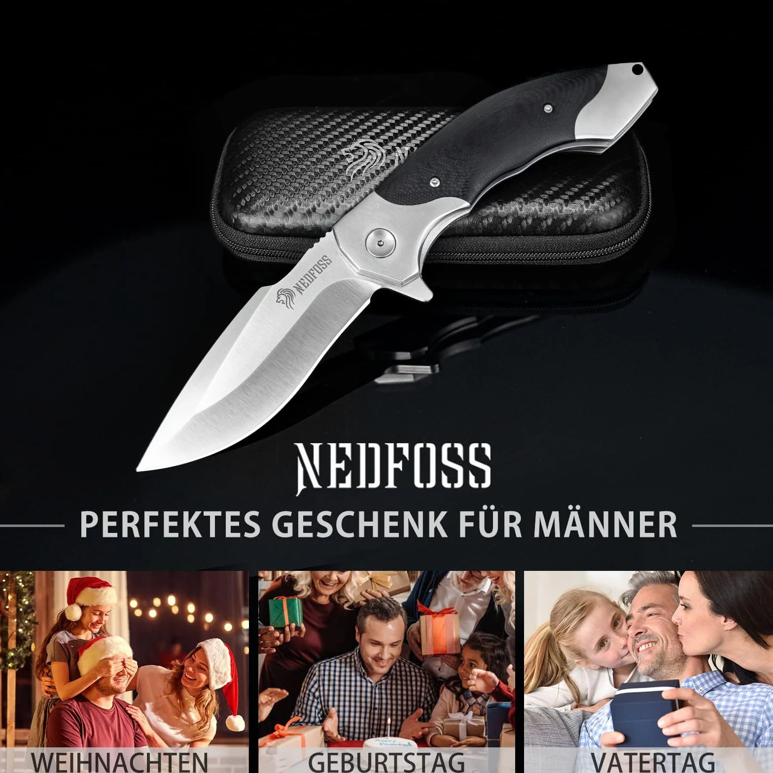 NedFoss Afilada navaja plegable, navaja de bolsillo con clip, cierre de forro seguro, Cuchillo de una mano de acero d2, adecuada para camping, Adecuado para camping, senderismo