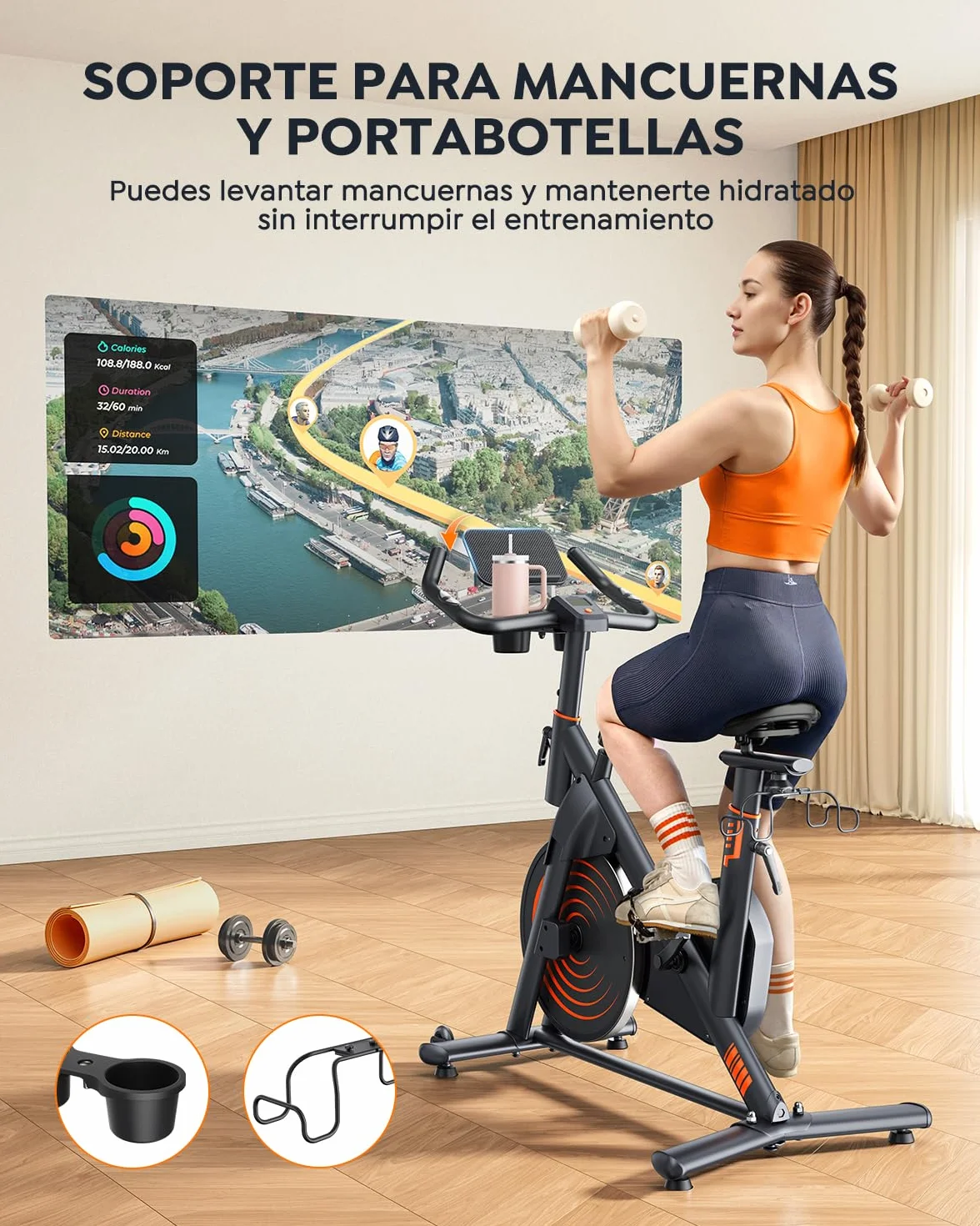 2026 Burever Bicicleta Estática para Casa con APP, Bicicleta estatica Silenciosa con Resistencia Magnética 0-100%, Pantalla LCD, Soporte para Mancuernas y Portavasos, Volante 15 KG, MAX 160KG