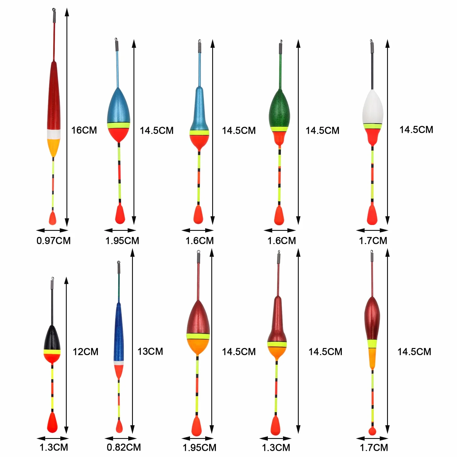 10 pcs Flotadores de Pesca de Mar con Plomos Pesca Boyas de Pesca de Diferentes Tamaños Bobbers para Pesca Nocturna en El Mar (0.6g/0.8g/1.2g/2.5g/3g/4.5g)