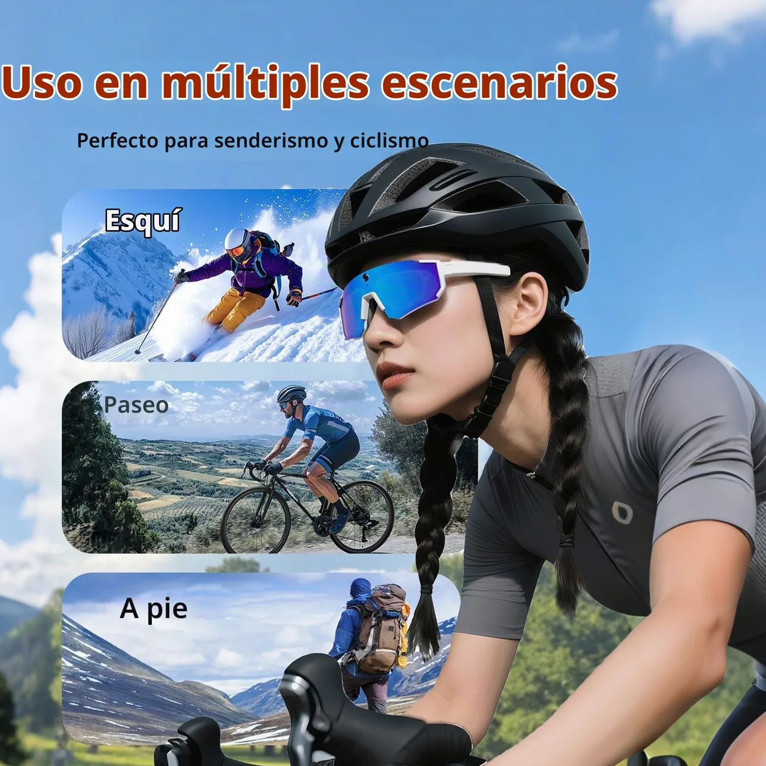 Gafas Inteligentes de Ciclismo con Inteligencia Artificial, Lentes de Sol Inteligentes con Bluetooth, Control de Voz, reconocimiento de Objetos (Blue Lens+White Frame)