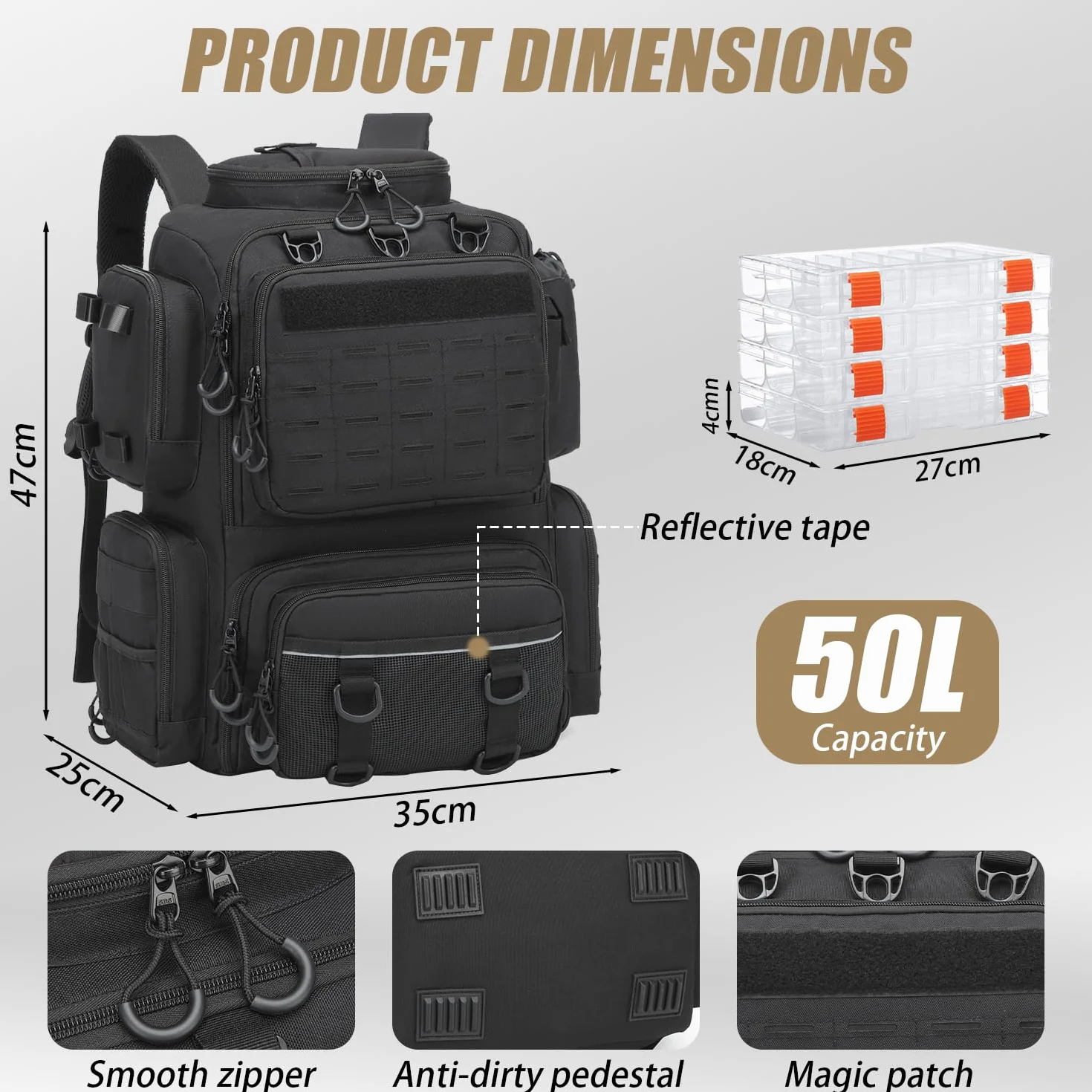 Mochila de Pesca de 50L con Soporte & Compartimento de Congelación para Cañas de Pescar, Resistente al Agua, táctico Mochila para Equipo de Pesca (Negro con 4 Cajas)