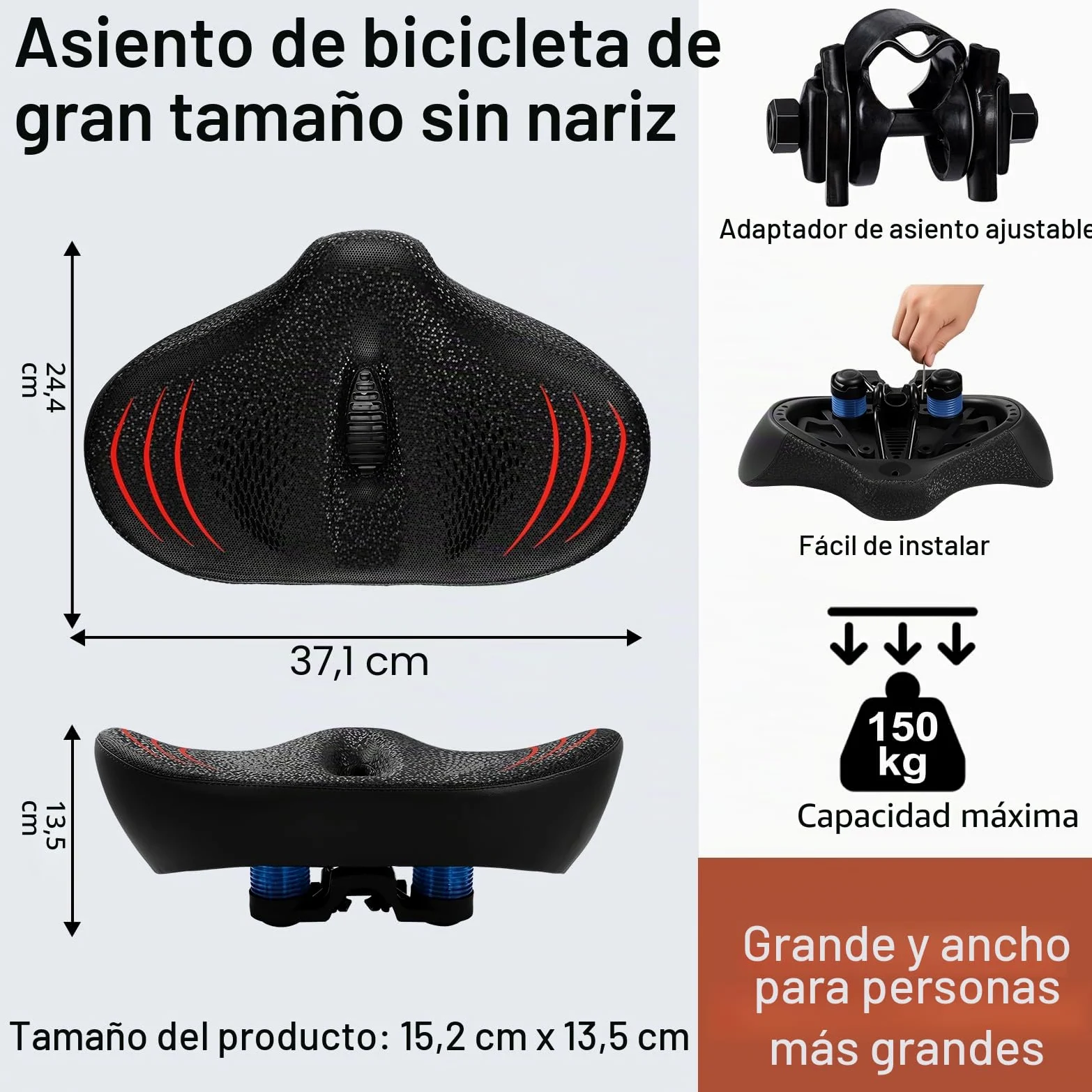 Asiento de Bicicleta de Gran tamaño Mejorado para Hombres y Mujeres, cojín de Asiento de Bicicleta Extra Ancho sin Nariz, Impermeable, cómodo sillín de Bicicleta de Espuma viscoelástica, Apto para