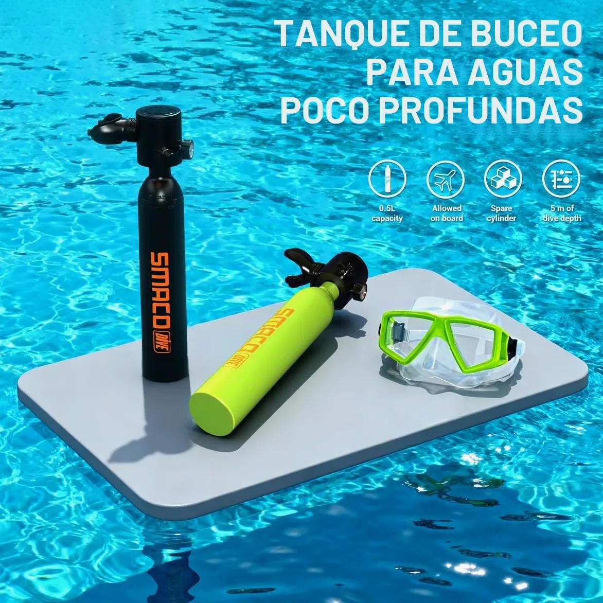 SMACO Mini tanque de buceo de 0,5 L, portátil, reutilizable, cilindro de buceo de emergencia para esnórquel, buceo libre, limpieza de barcos y respaldo de aire, diseño ligero y compacto, botella Pony