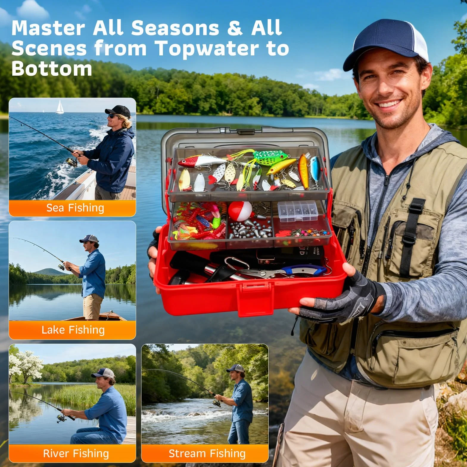 Juego de señuelos de pesca, 314 unidades, accesorios de pesca y accesorios de pesca con clips para labios, anzuelos, pesos de pesca, maletín de 3 estantes con accesorios, equipo de pesca adecuado para