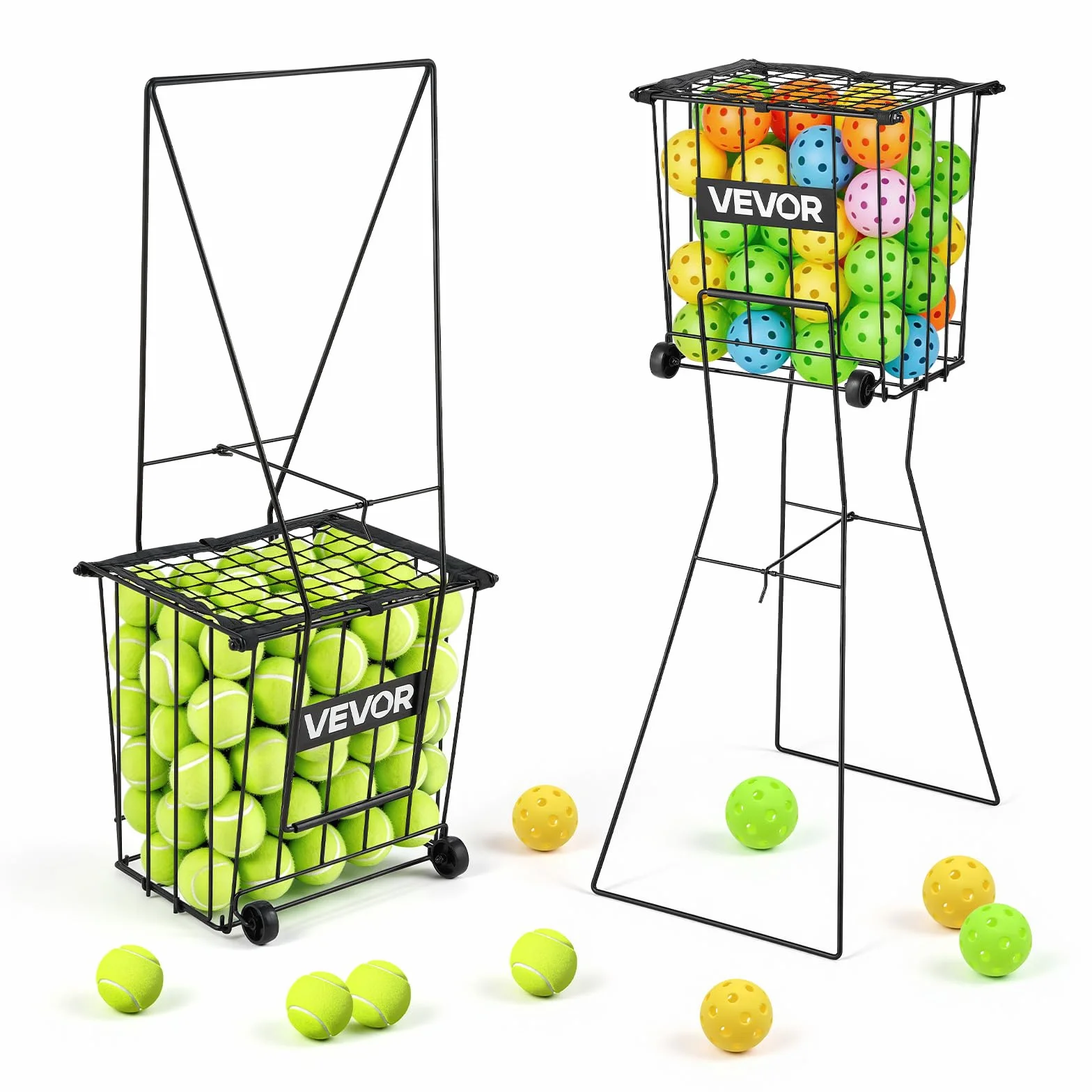 VEVOR Recogepelotas de Tenis con Ruedas y Mango, Capacidad para 75 Pelotas o 52 Pickleball, Cesta Portátil de Tenis con Soporte, Altura Ergonómica, Carro de Acero para Entrenamiento y Almacenamiento