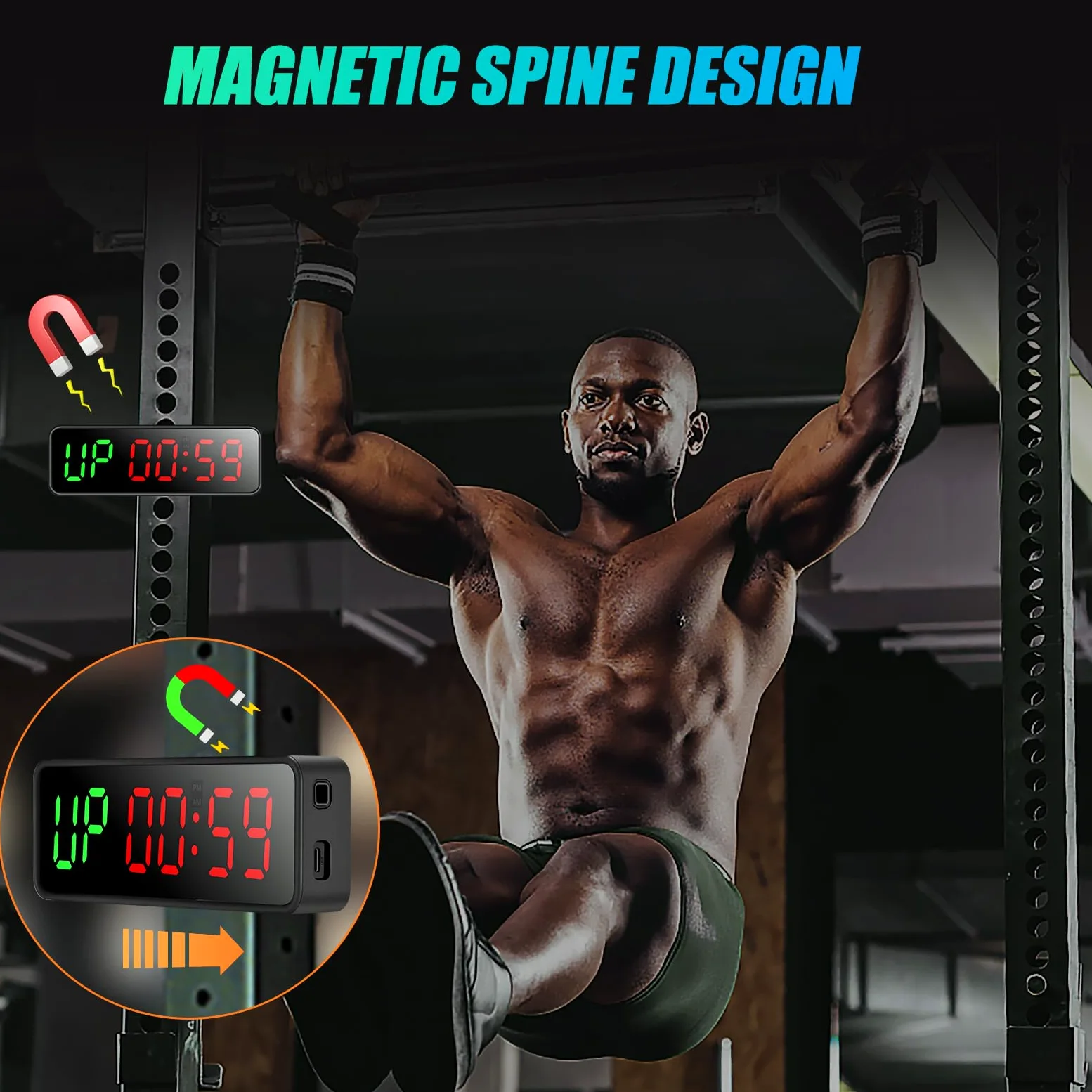 Temporizador portátil de entrenamiento de gimnasio, reloj de fitness con caja de goma y lomo magnético integrado, pantalla digital LED grande anti vértigo, para el hogar, garaje, escuelas