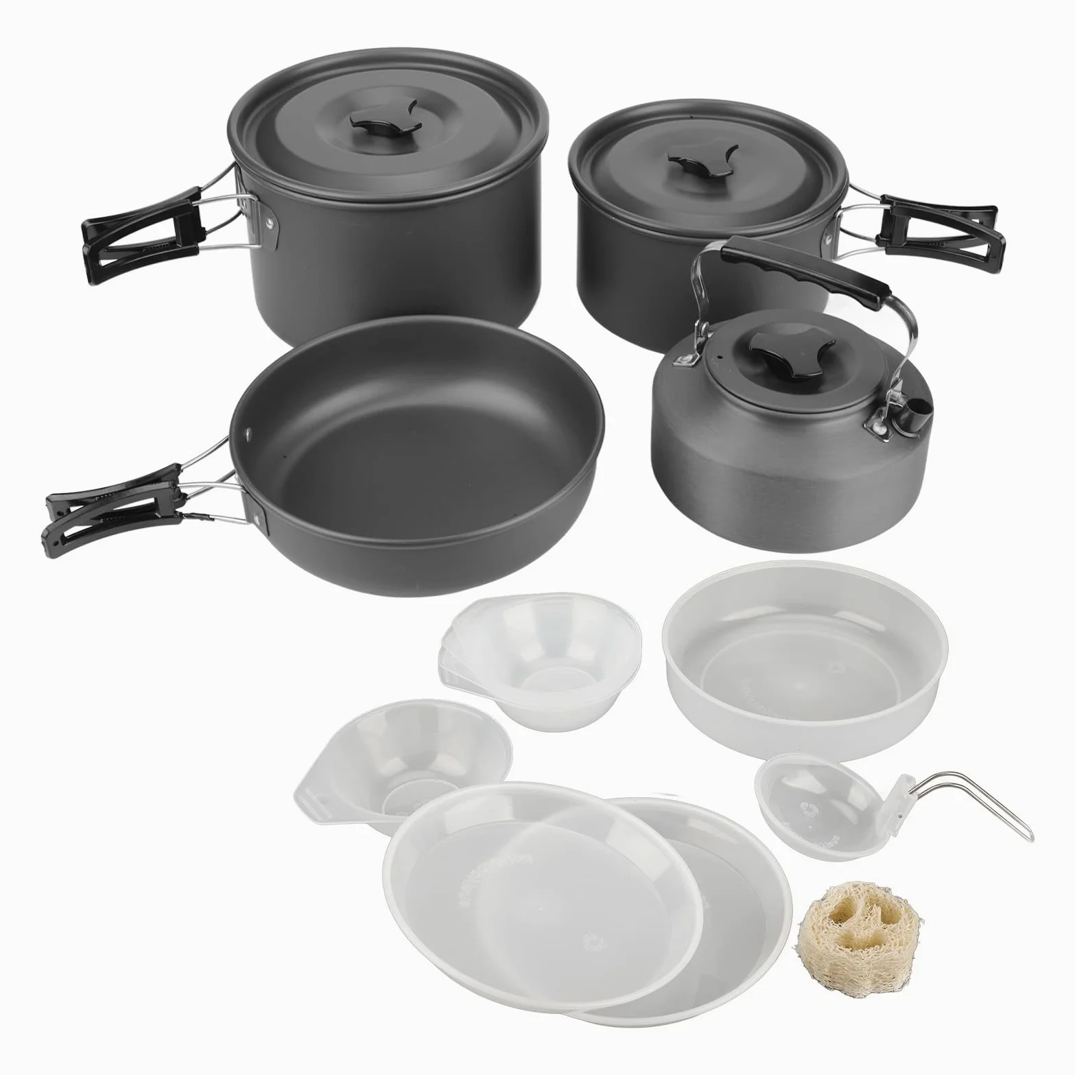 Kit de utensilios de cocina de aleación de aluminio para camping, tetera, sartén, platillo, tazón, cuchara, portátil, ligero, duradero, antiadherente, resistente a altas temperaturas, para acampar al