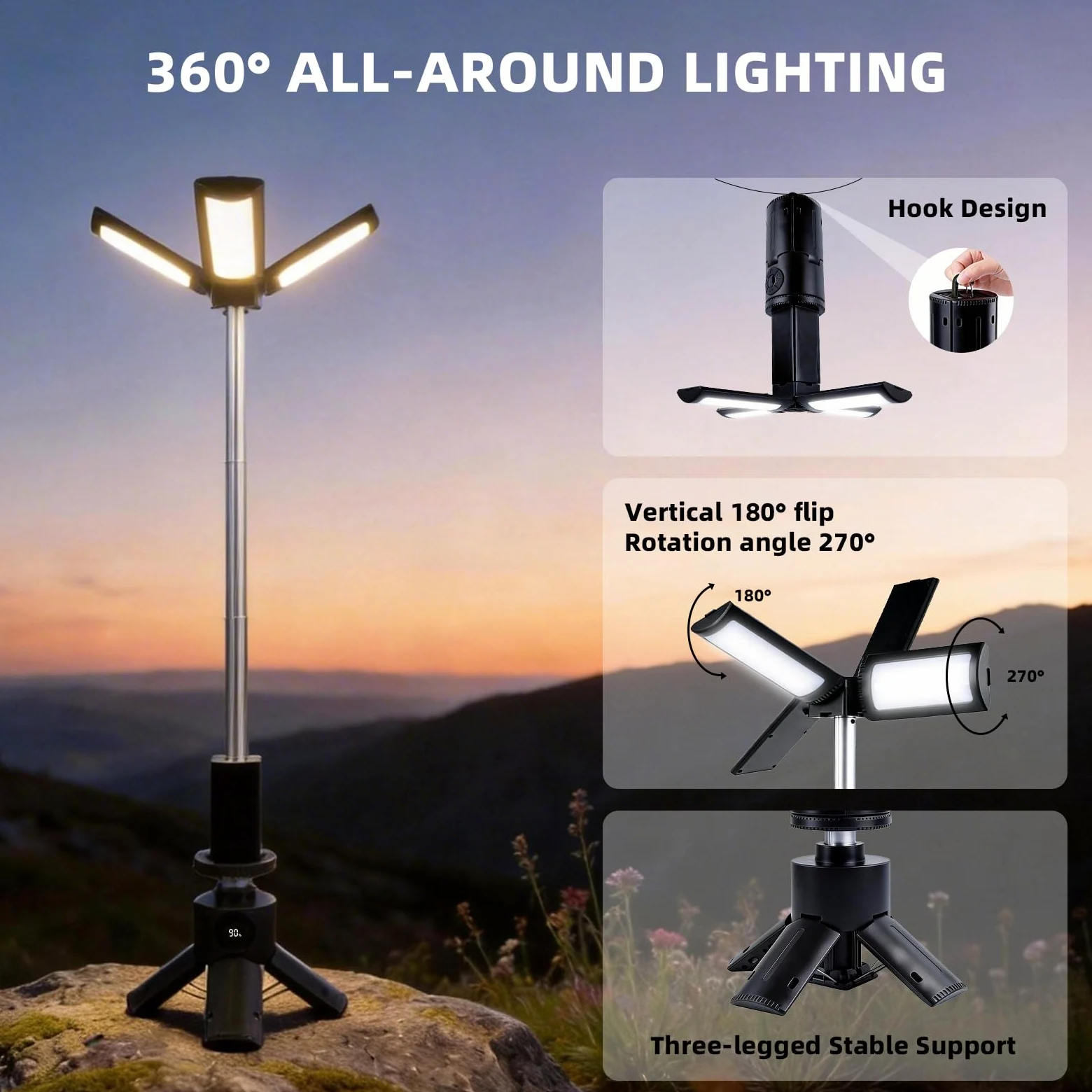 aiGear Luces telescópicas de camping, luces de camping recargables con soporte, 14000 mAh, linternas plegables de camping, linternas portátiles IPX5 impermeables para camping, senderismo, pesca, uso