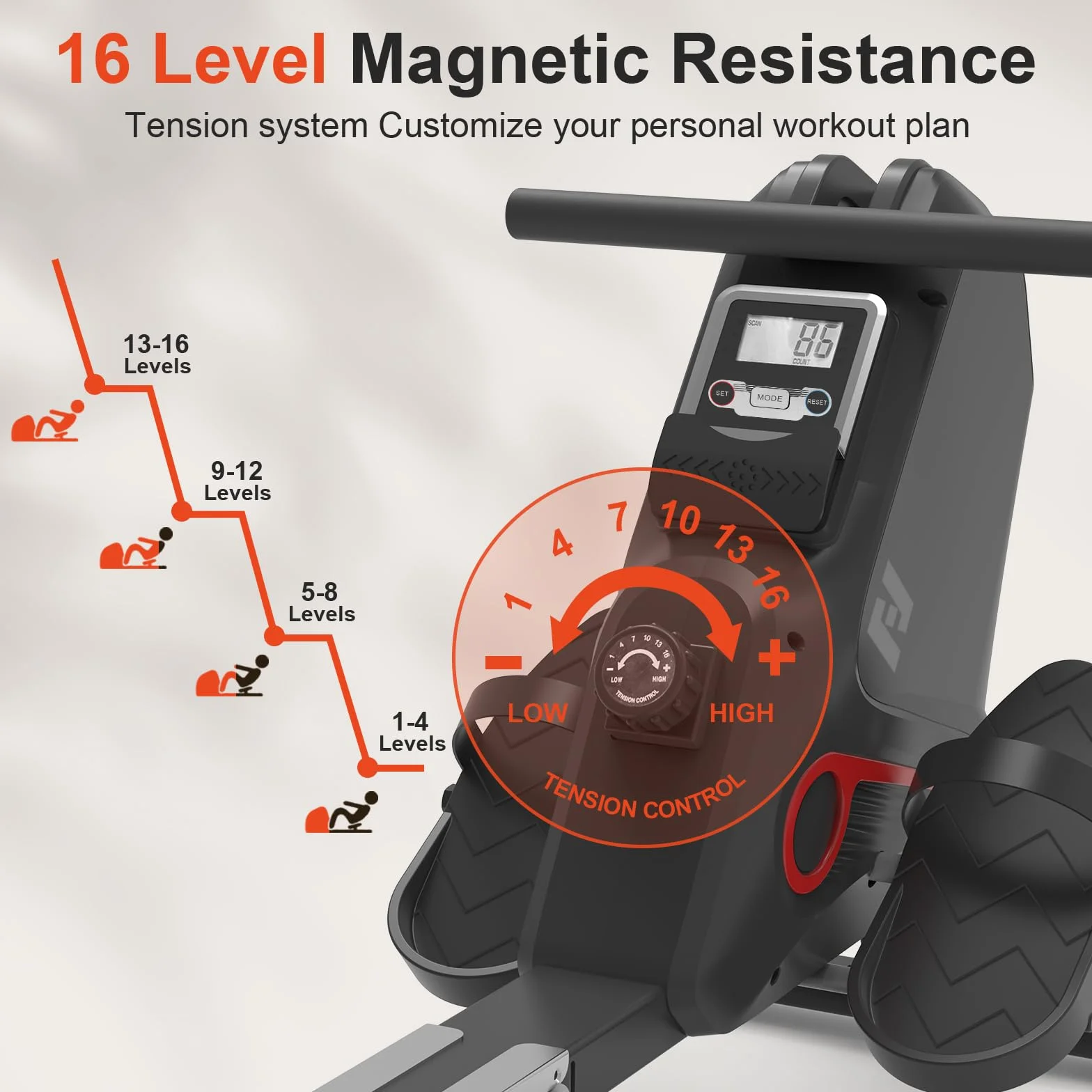 Máquina de Remo para casa con 16 Niveles de Resistencia magnética, máquina de Remo Plegable, Máquina de Remo Súper Silenciosa con Riel Deslizante de Monitor LCD