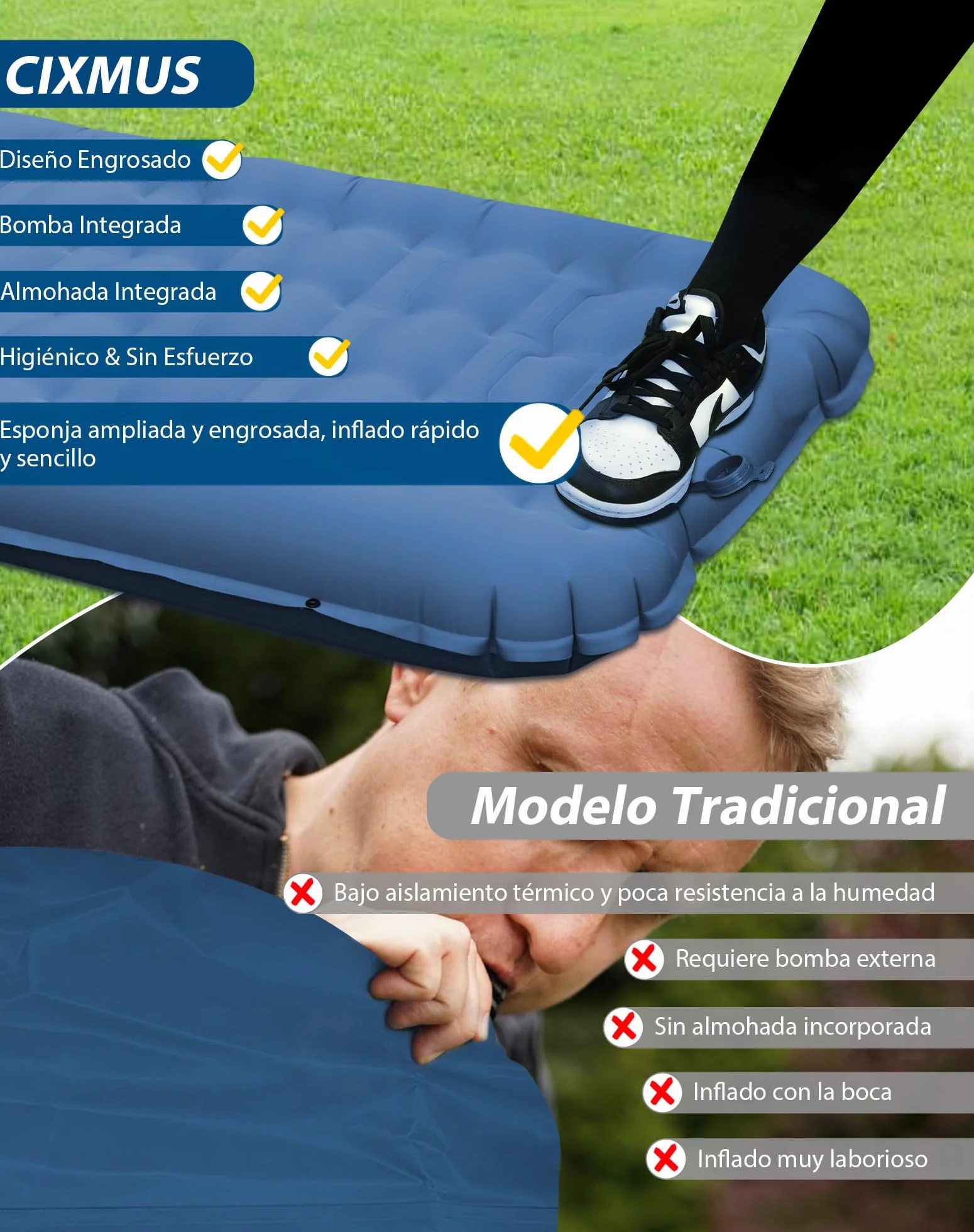 Esterilla Camping Hinchable 12cm, Colchón Trekking con Bomba de Pie y Almohada Integradas, Colchoneta Inflable Individual Ultraligero para Dormir, Tienda de Campaña, Acampada, Aire Libre