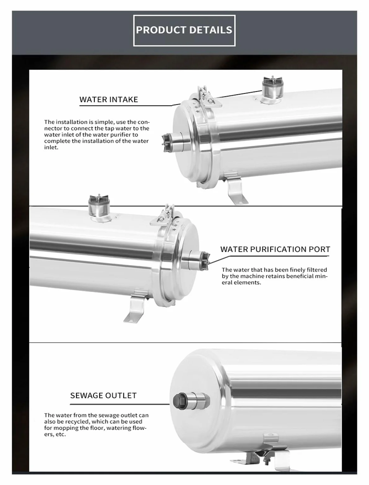 Purificador de agua Ultrafiltración de acero inoxidable 304, membrana de PVDF lavable, de filtro de agua de cocina for el hogar 1000L/H