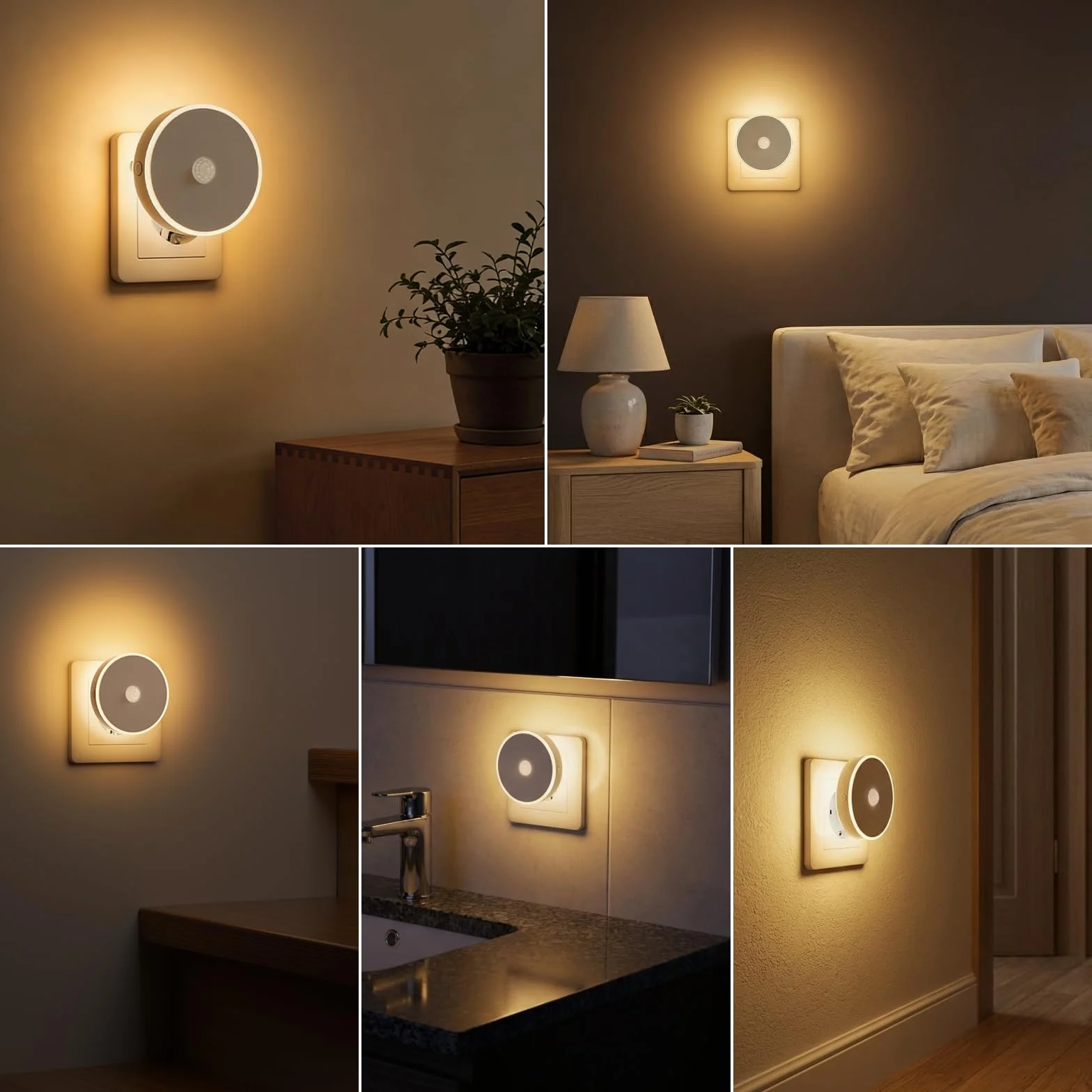 Luz Nocturna Infantil 2 Pcs, LED con Sensor de Movimiento, Enchufable Brillo Ajustable, 3 Modos AUTO/ON/OFF, Blanco Cálido