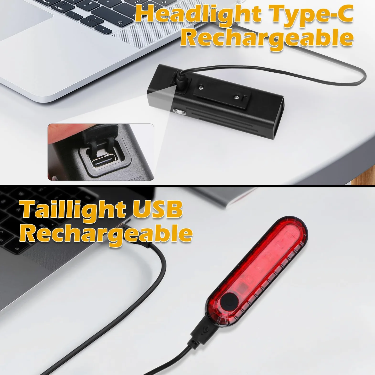 Juego de luces de bicicleta recargables por USB, faros delanteros y traseros para bicicleta, 4+4 modos de luz. Luces delanteras brillantes de 250 lm y traseras traseras de 250 lm. Se adapta a todas