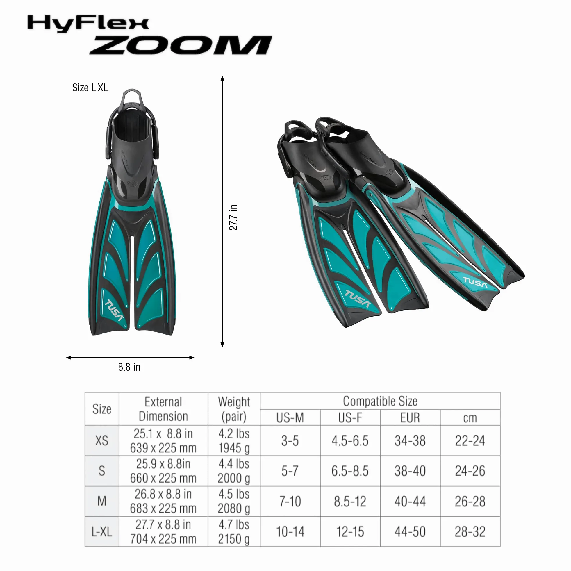 TUSA SF-0111 Hyflex Zoom - Aletas de buceo, talla XS, color blanco y blanco