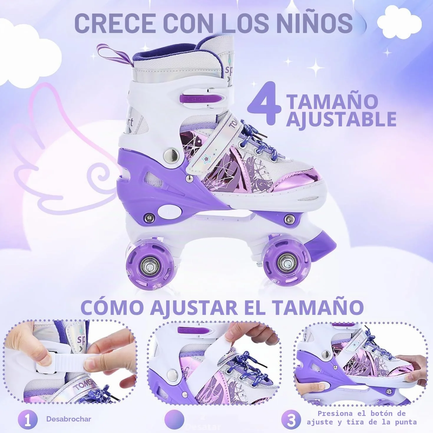 TOMSHOO Patines 4 Ruedas Ajustables con LED para Niñas Niños Principiante