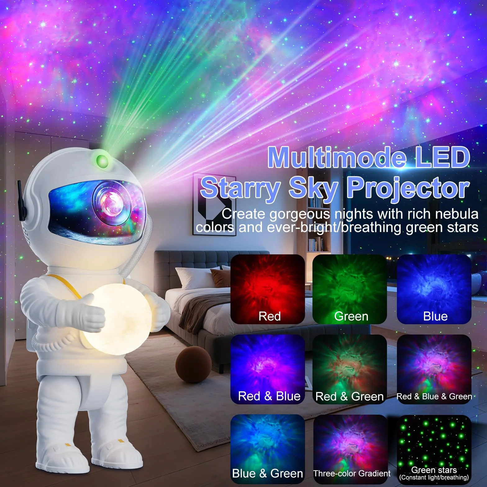 Proyector Estrellas LED Astronauta Galaxia 8 Modos Luz Rotación 360° Control Remoto Lámpara Proyección
