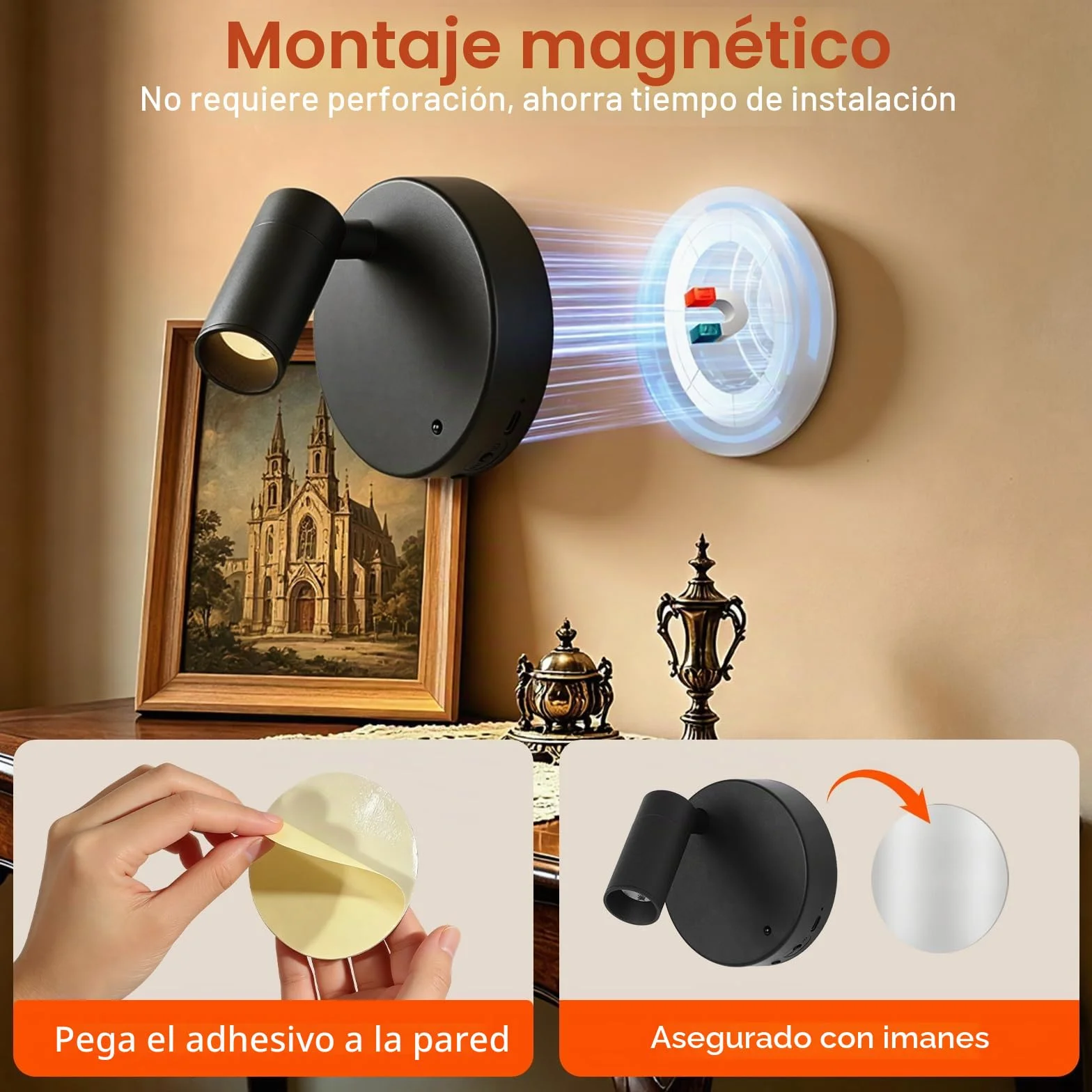 Ketom Aplique Pared LED Recargable Regulable, 3 Temperaturas de Color, Control Remoto, Giratorio, Negro