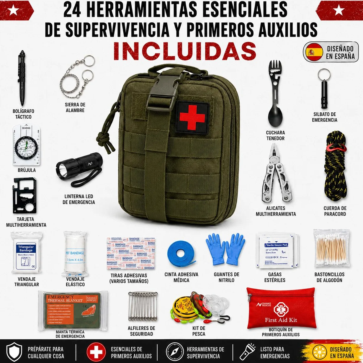 Kit de Supervivencia Completo UE 2026, Mochila Supervivencia 72 Horas Equipada con Camping Gas Portatil, Kit Supervivencia Catastrofe, Botiquín Táctico con Radio Sola, Alicates, Tijeras y Silbato