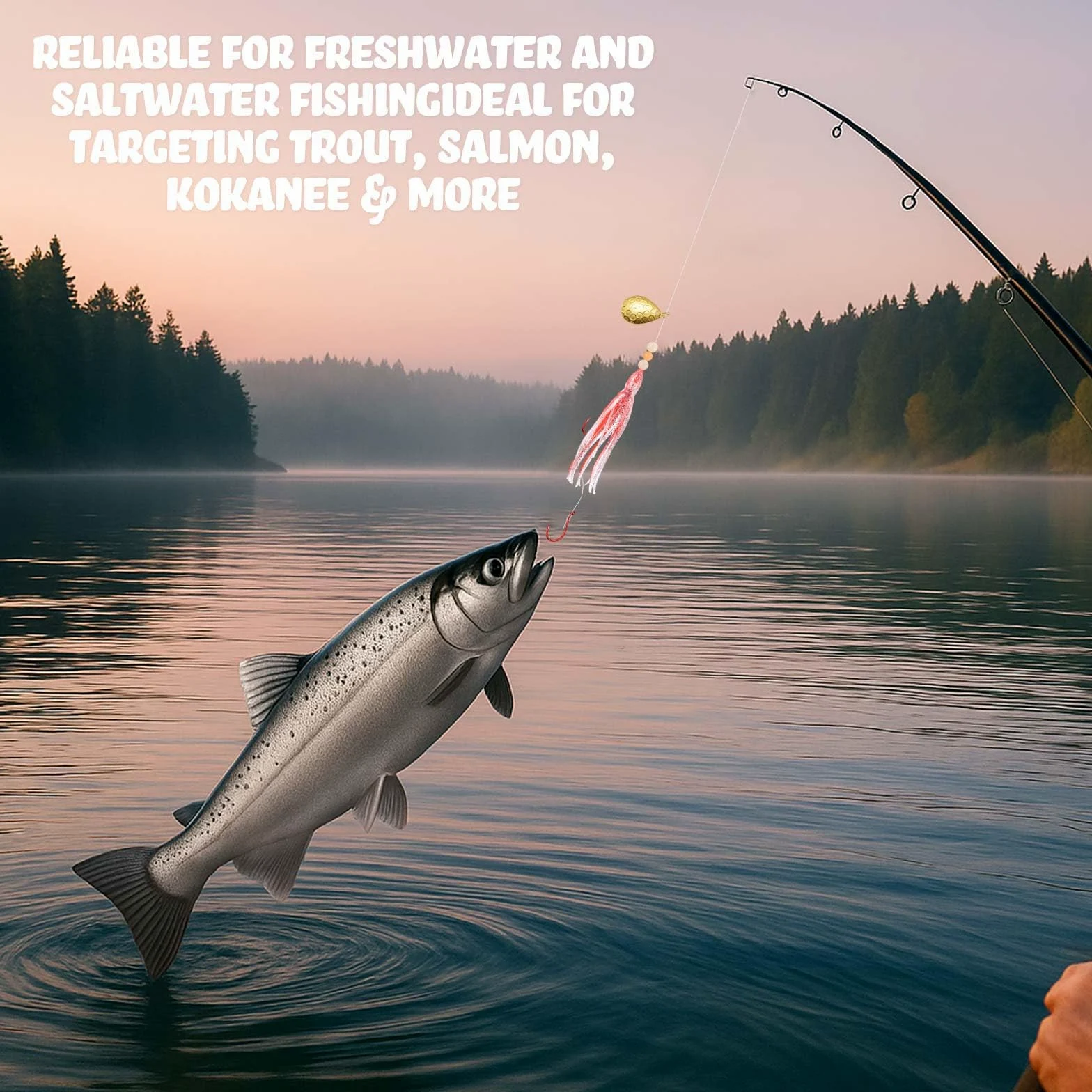 Glow Fresh Water Kokanee - Señuelos de salmón con ganchos de pulpo preaparejados, cuchillas giratorias, faldas sintéticas Kokanee Hoochies para pesca de salmón