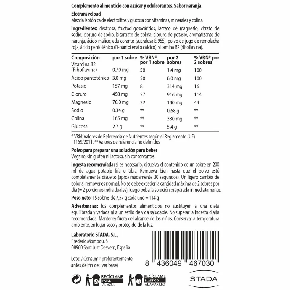 ELOTRANS Reload Electrolitos vitaminas minerales sobres naranja 15 sobres