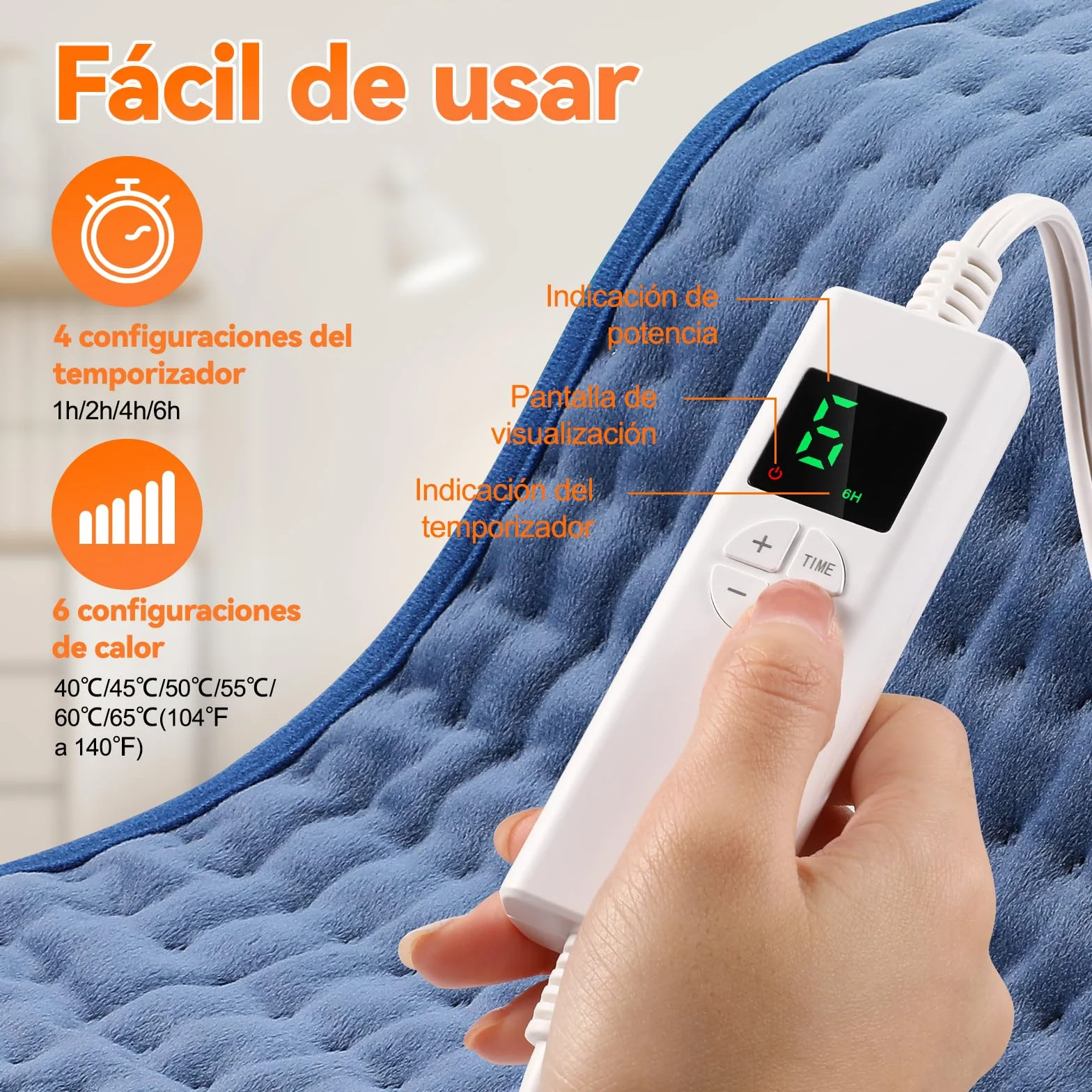 Manta Electrica Lumbar, 30x60cm Esterilla Electrica mit 4-Stunden-Timer und 6 Heizstufen, Almohadilla Electrica Lumbar con Mando a Distancia Digital, Apagado Automático, Lavable a Máquina Azul