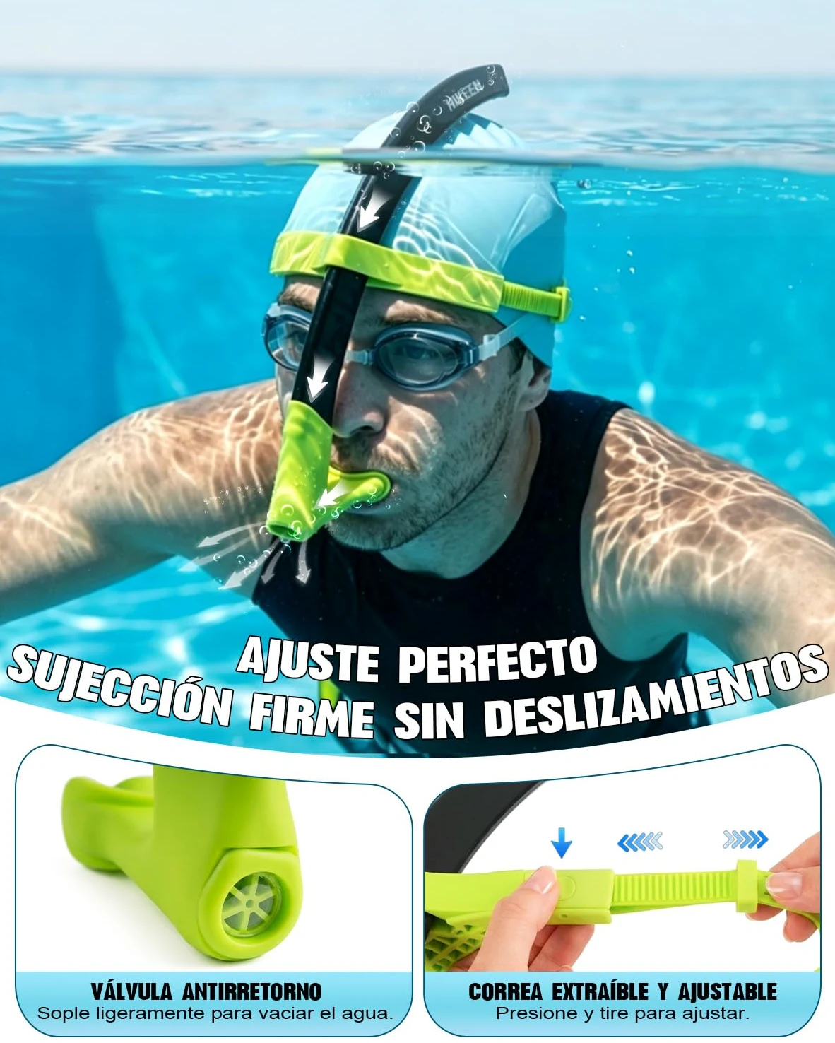 BOOSTEADY Tubo Natacion Frontal de Gran Diámetro: Accesorios Piscina Snorkel Adulto con Sangle Ajustable Hombre/Mujer, Natacion Accesorios Tubo Snorkel con Boquilla de Silicona y Válvula Drenaje