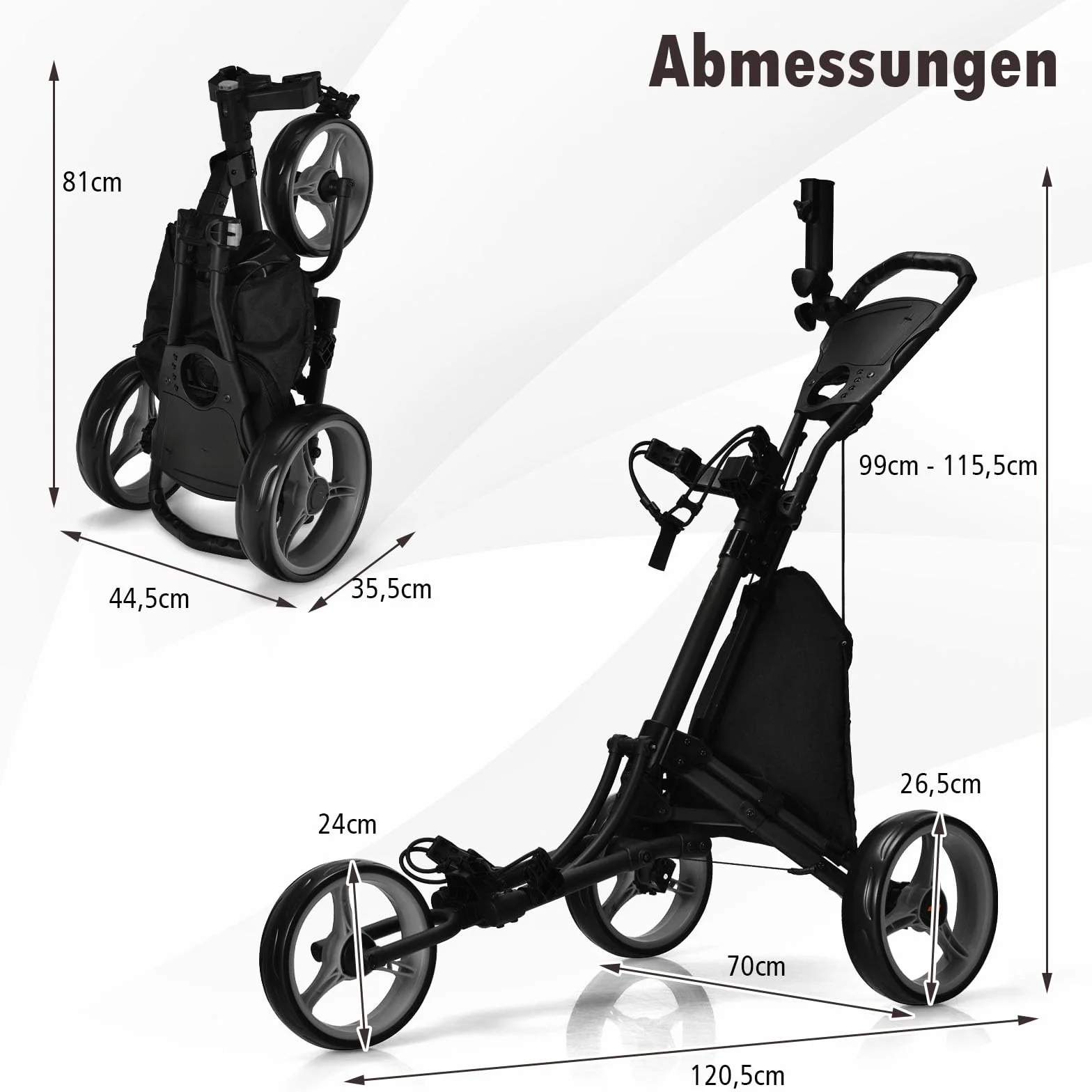GYMAX Carro de Golf Plegable 3 Ruedas con Asa Ajustable, Soporte Paraguas y Portavasos