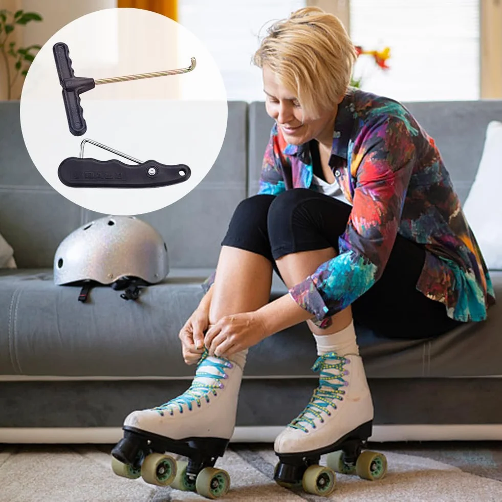 SUPERFINDINGS 1Pc Skate Lace Tightener PP Plastic Tightener Mango Hold con 1Pc Ganchos Black Sports Folding Lace Tightener para Patines de Hielo Botas de Patines Artísticos